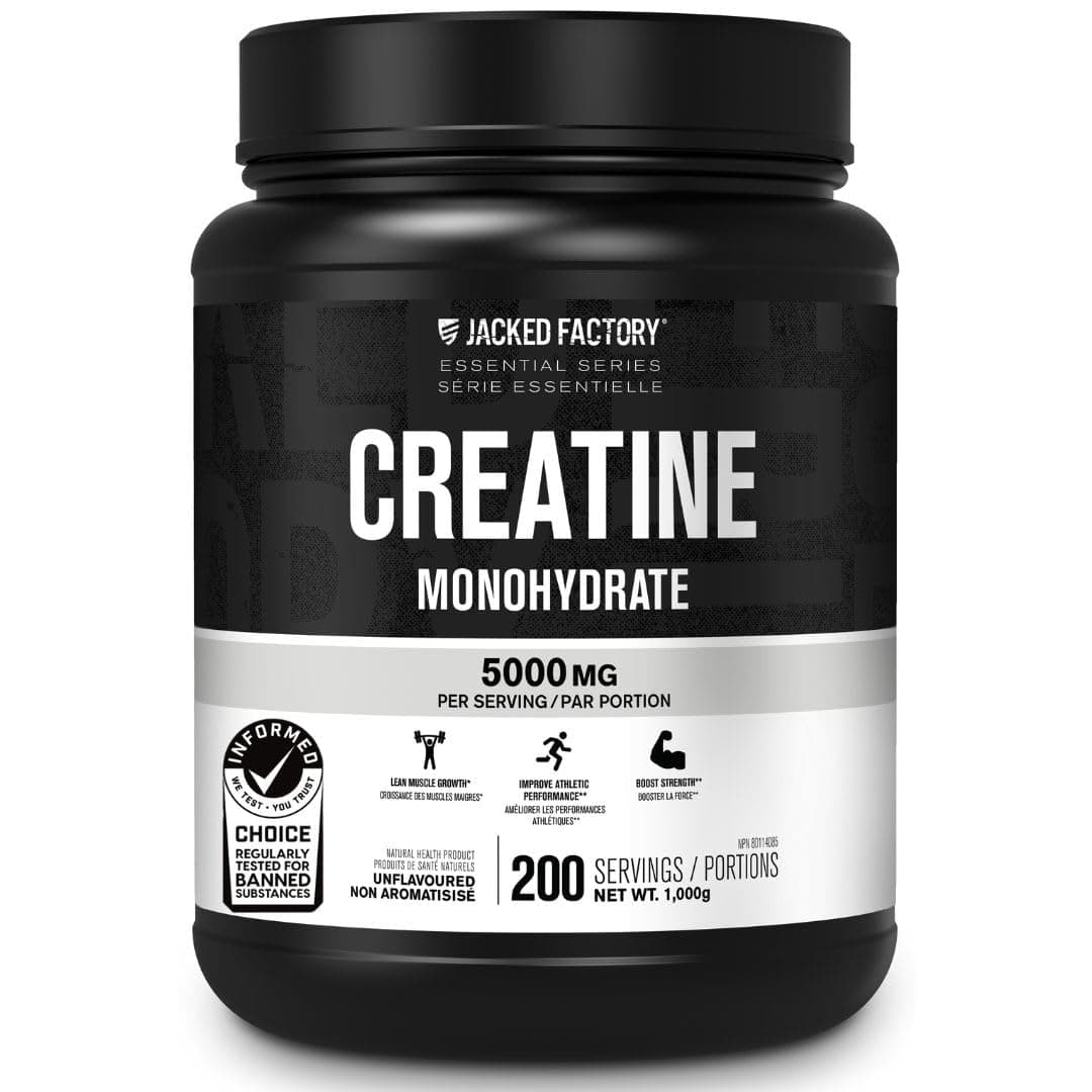 Jacked Factory Creatine Monohydrate Powder 1000g - Canadian-Owned Informed Choice Certified Supplement for Increased Muscle Mass*, Improved Strength, Power, & Performance** - 200 Servings, Unflavored