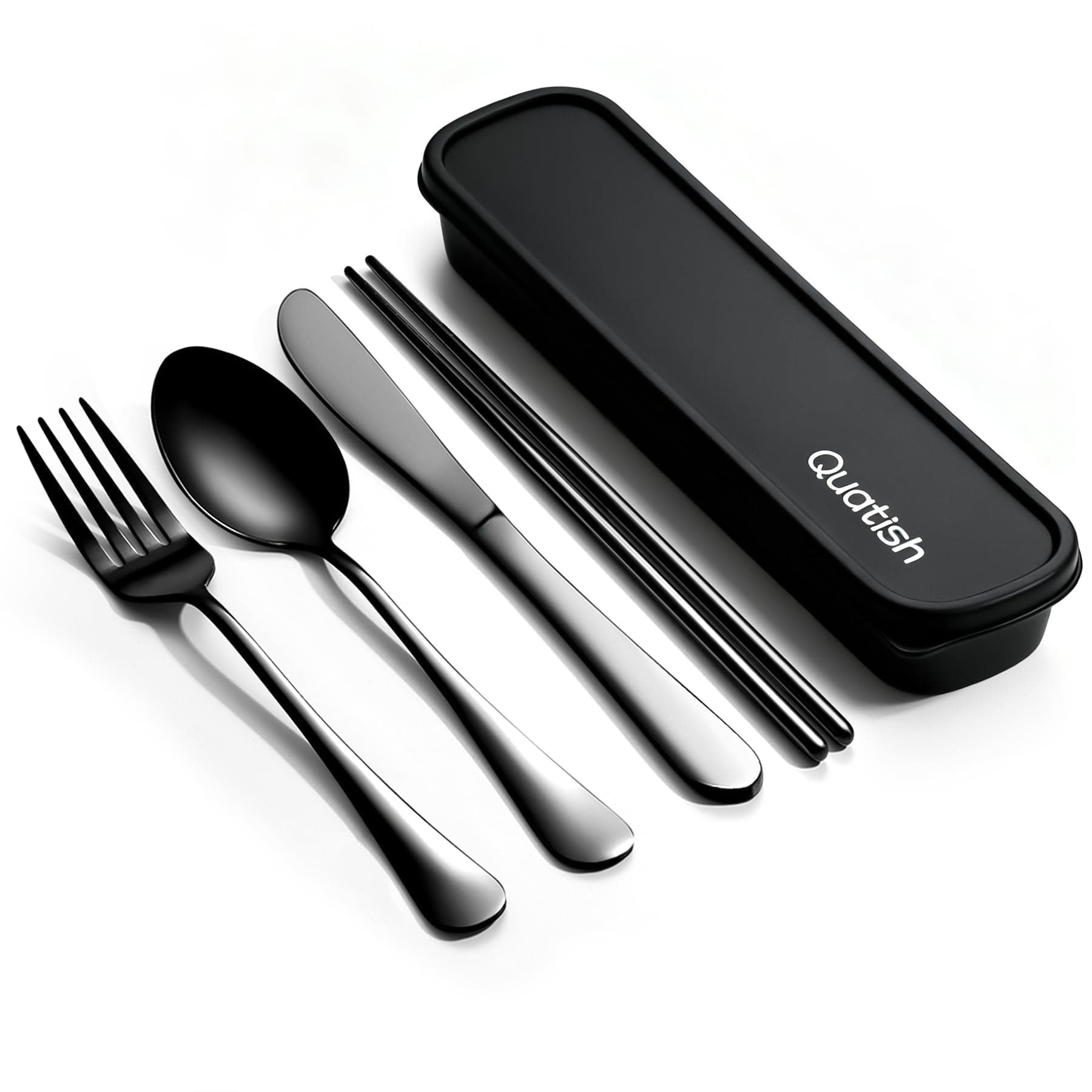 Quatish 5 Piece Travel Utensils with Case, Portable Cutlery Set, Black