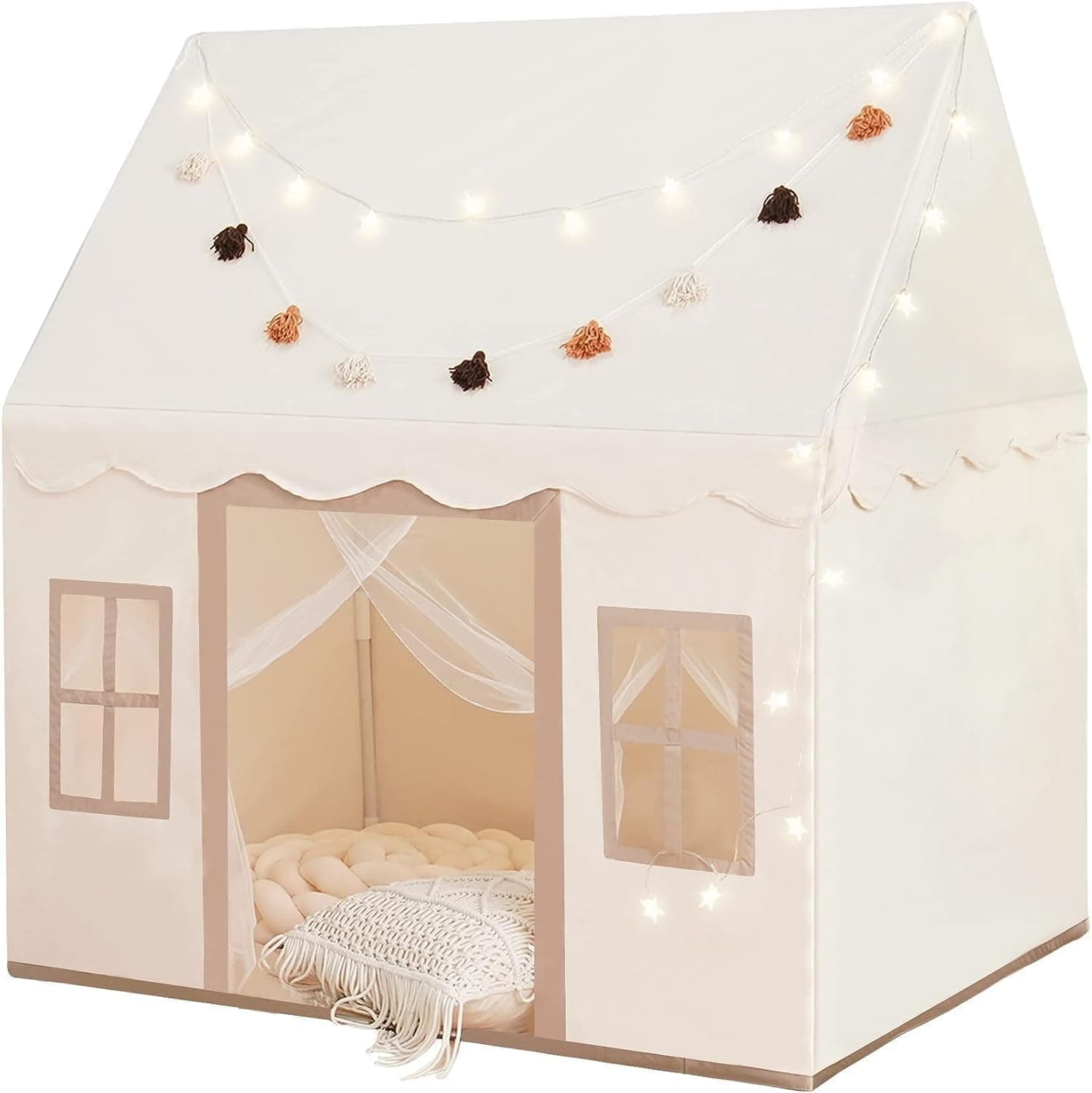 Little Dove Large Kids Tent with Mat, Star Lights, Tissue Garland, Play Tent Indoor & Outdoor, Kids Play Tent for Girl & Boy Aged 3+, 52" x35" x 52" Play Tent with Windows, Washable, Beige