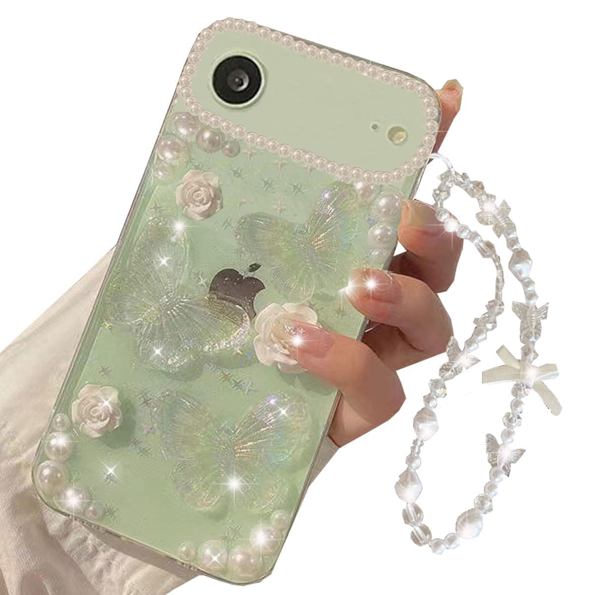 Changjia for iPhone Clear Glitter Case,Cute 3D Butterfly Floral Flower Crystal Pearl Bling Sparkle with Wrist Strap Soft TPU Aesthetic Women Girls Phone Case (Clear, for iPhone Air)