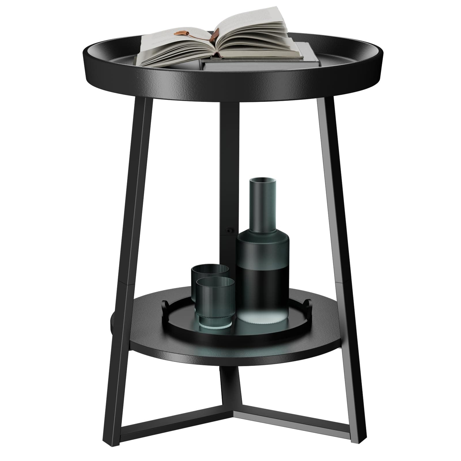 Gadroad Round End Table with Storage Shelf, 2 Tier Farmhouse Circle Side Table Nightstand Sofa Table for Living Room, Bedroom, Wood Tabletop & Black Metal Frame (15.7 * 15.7 * 23inches, Black)