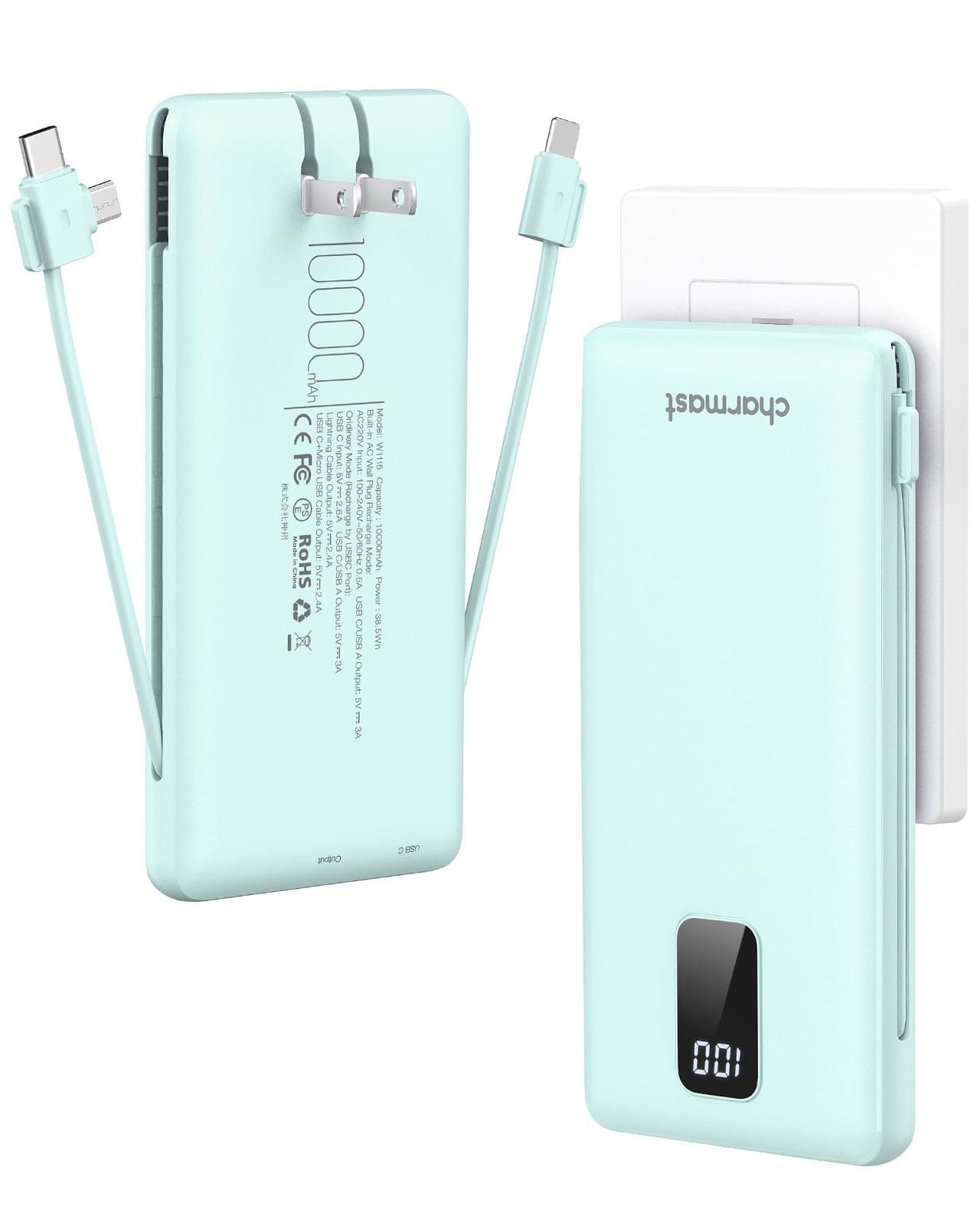 charmast Portable Charger with Built-in Cables and Plug, 10000mAh USB C Power Bank Fast Charging, External Battery Pack Slim, Travel Essentials Compatible with iPhones, Samsung Galaxy, iPad