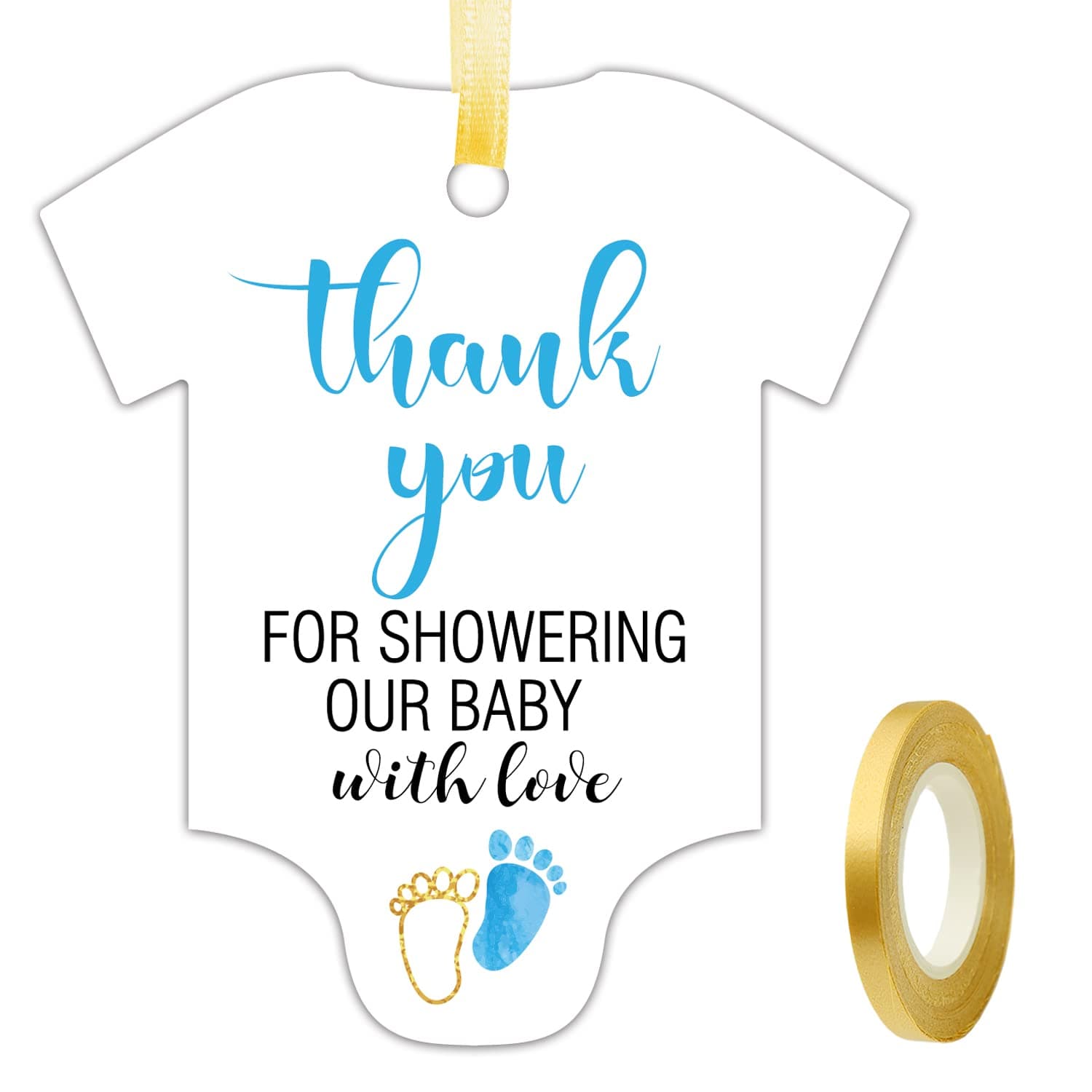 50 PCS Thank You for Showering Our Baby with Love Tags, Cute Blue Little Feet Thank You Tags, Baby Onesie Shaped Gift Tags, Baby Shower Favor Tags, Baby Shower Birthday Party Favor Decorations.