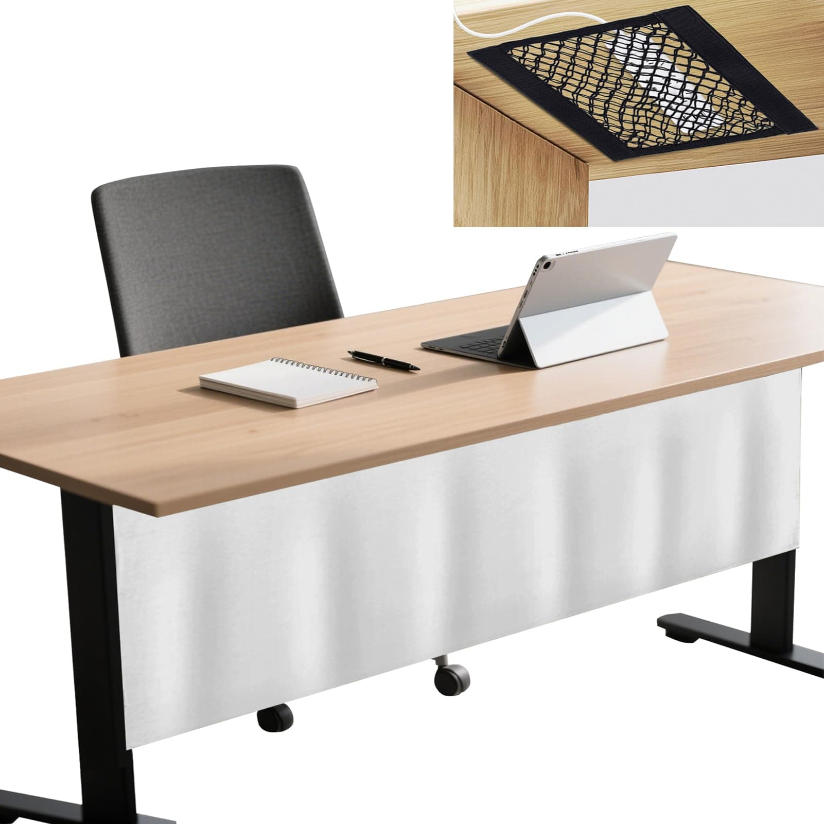 Icegrey 24" Under Desk Privacy Panel with Cable Management Organizer Net Self-Adhesive Modesty Panel for Cord Organizer Pockets and Desk Skirt for Home Office or Standing Workstation, White