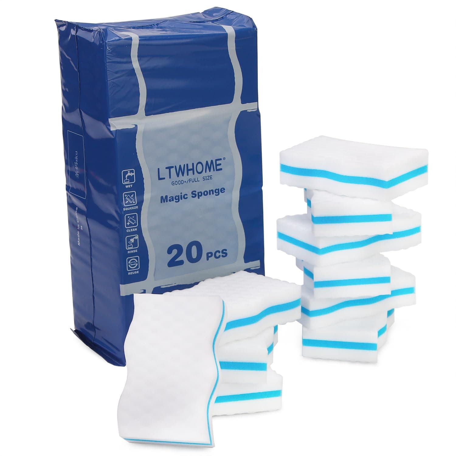 LTWHOME Magic Cleaning Dual Sided Wave Type Sponge Melamine High Temperature Compression Foam 100X 60X 25mm, (Pack of 20)