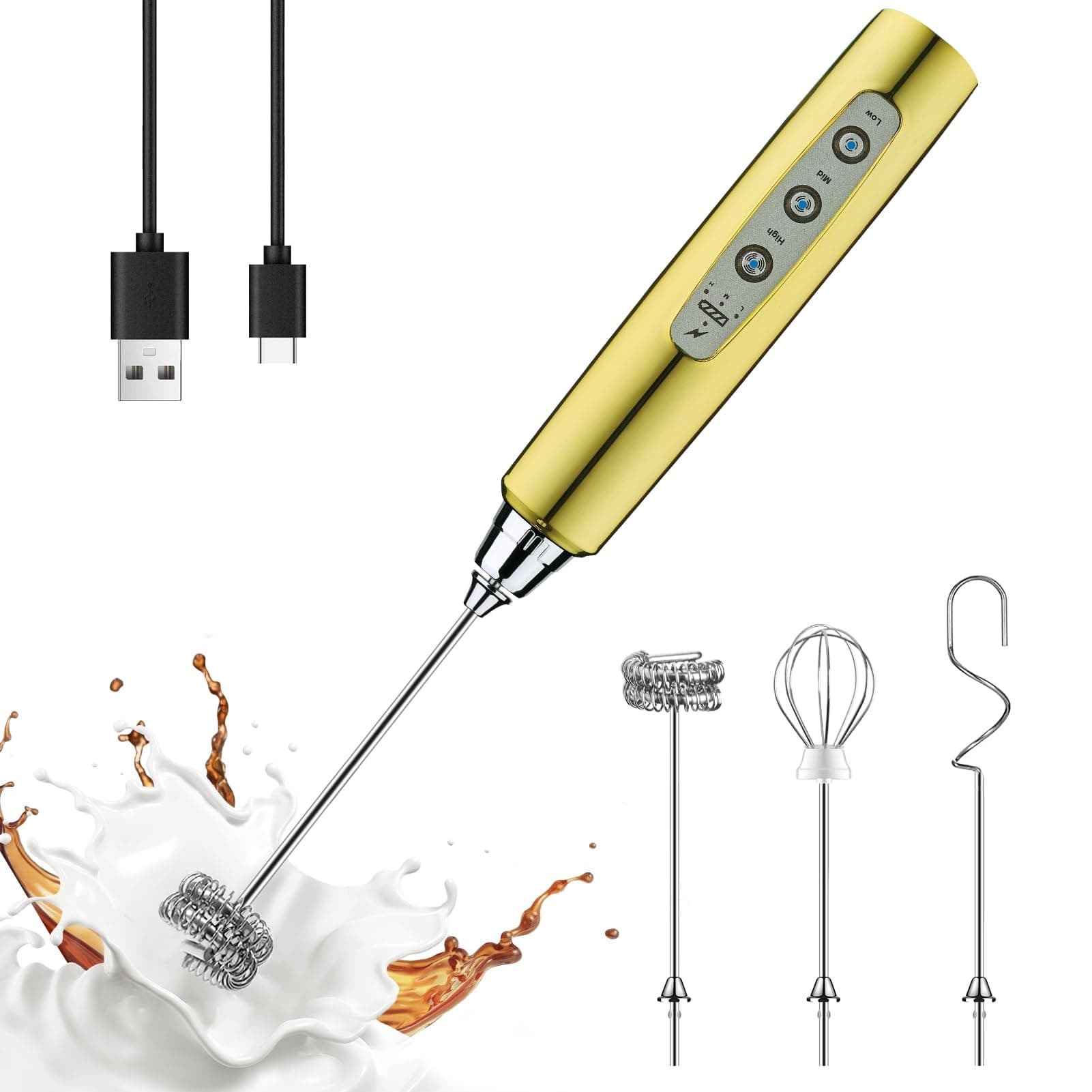 YUSWKO Handheld Milk Frother Wand for Coffee, Rechargeable Electric Whisk with 3 Heads 3 Speeds Drink Mixer Coffee Frother For Latte, Cappuccino, Hot Chocolate, Egg, Champagne Gold