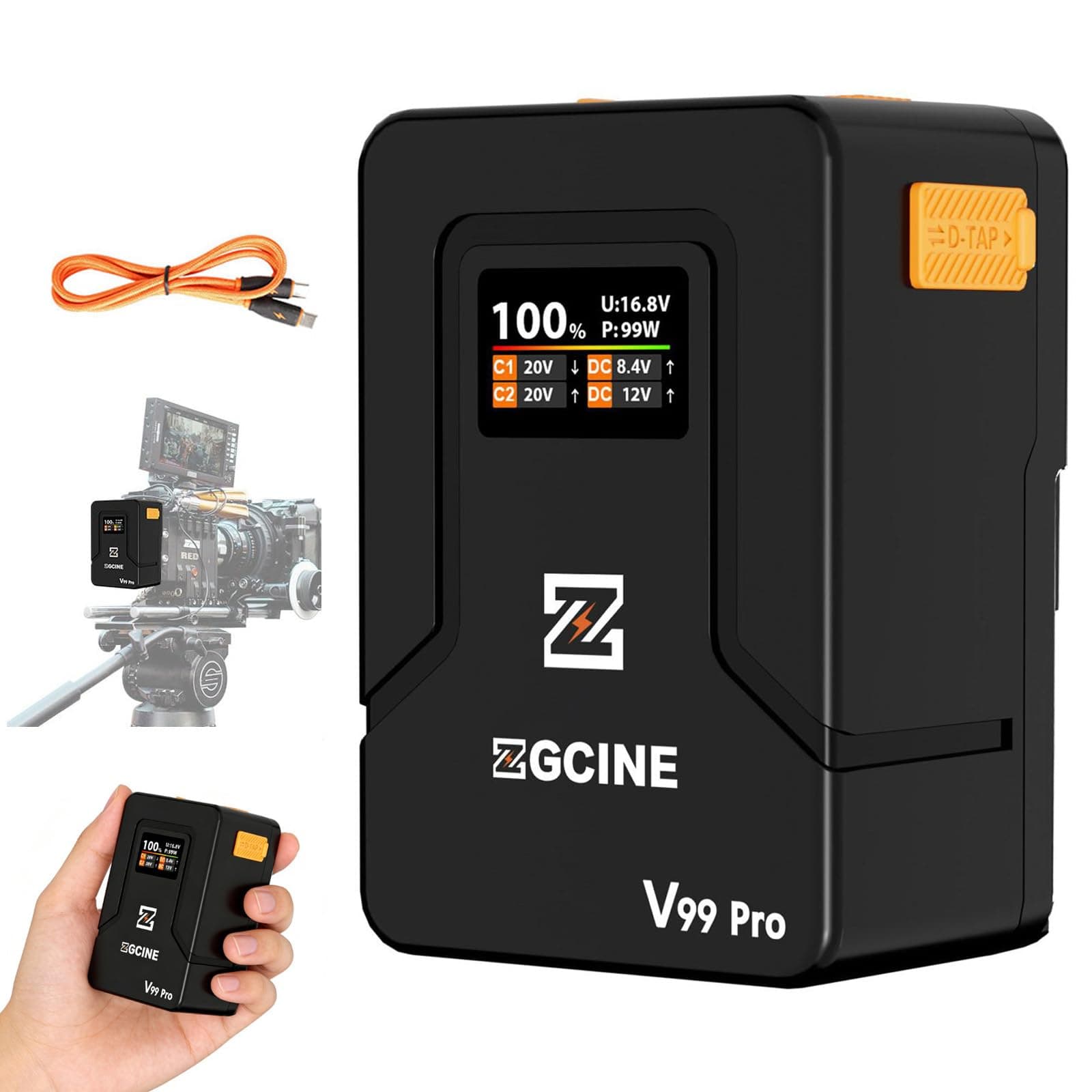 ZGCINE V Mount Akku V99Pro, PD100W Schnellladung,6400mAh 94.72Wh 14.8V Mini V-Mount Akku,mit D-Tap/Zwei USB-C/BP/Zwei DC-Anschlüssen/OLED-Display,für Kamera,Camcorder,Smartphone,Monitor,Videoleuchte