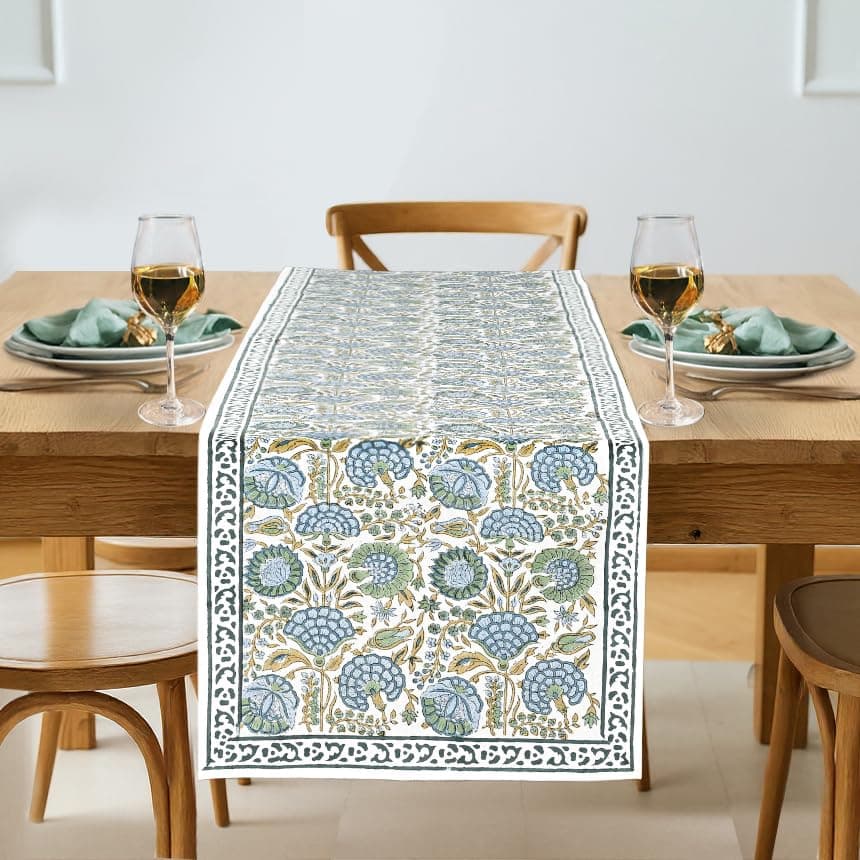 Ridhi Asparagus Green Hand Block Print 100% Cotton Reusable Table Runner 16" X 106" Inches Table Runner Decorative Everyday Use for Dining, HomeGift for Spring, Easter, Valentine