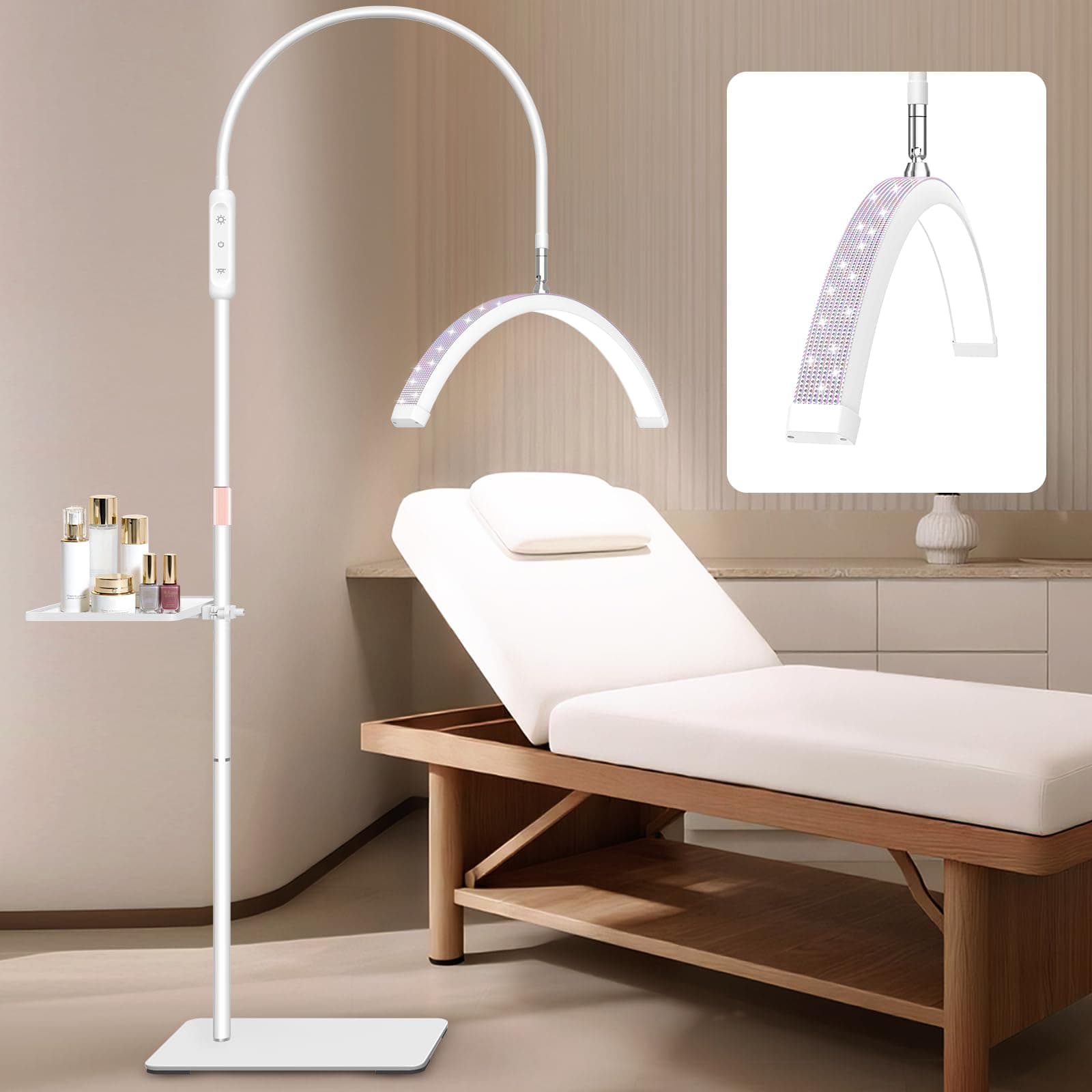 Fitlume Lash Light for Eyelash Tech Led Half Moon Light Lamp for Tattoo, Lash Extensions, Nail, Beauty, for Esthetician & Artists, Adjustable Height, with Movable Tray, White, Crystal Diamond