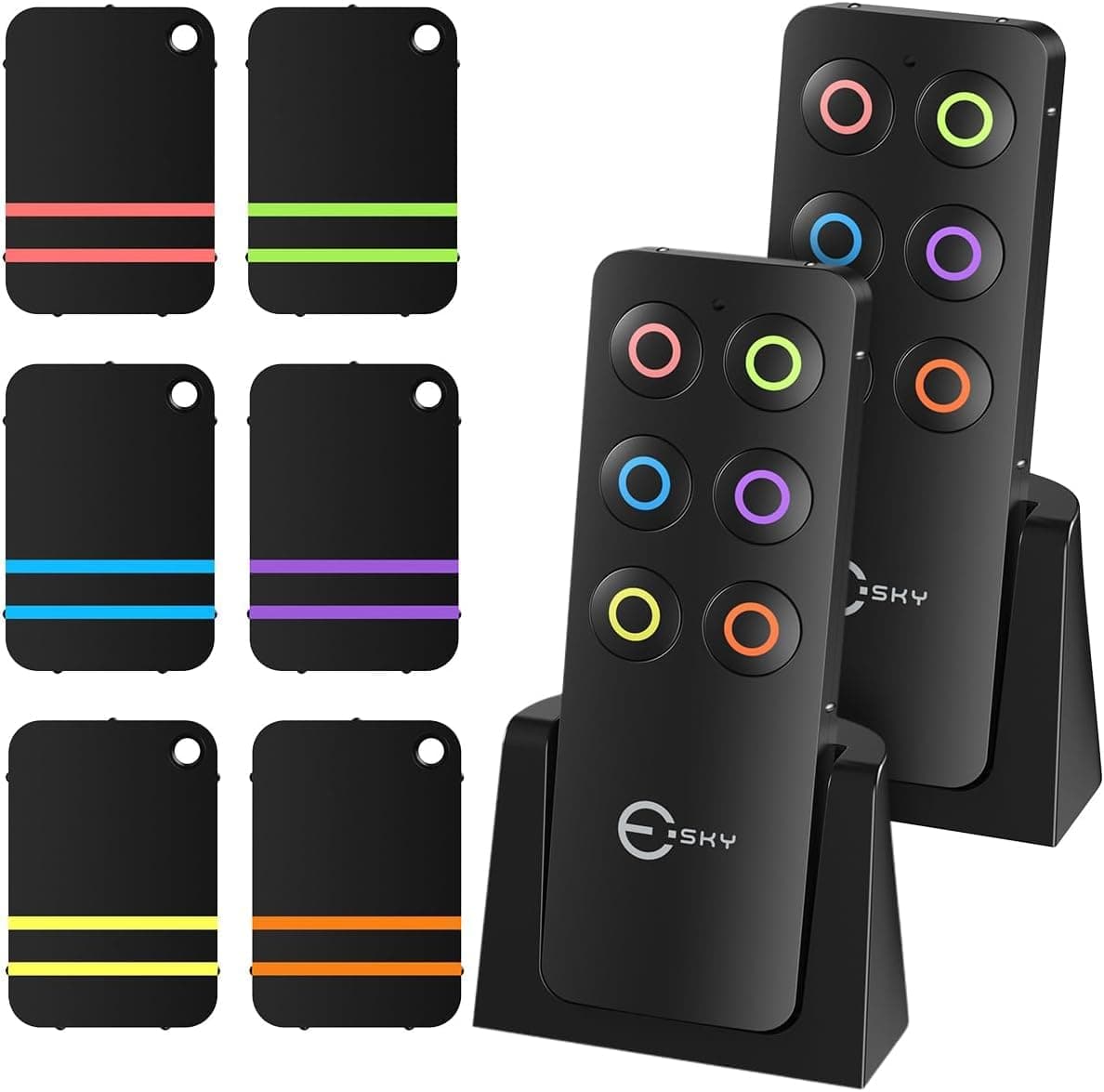 Key Finder, Esky Item Locator with 2 Transmitters and 6 Receivers, 100ft Working Range 85dB Loud Beeps Wireless Item Tracker Support Remote Control for Finding Pet, Wallet and Key, Best Gift for Dad