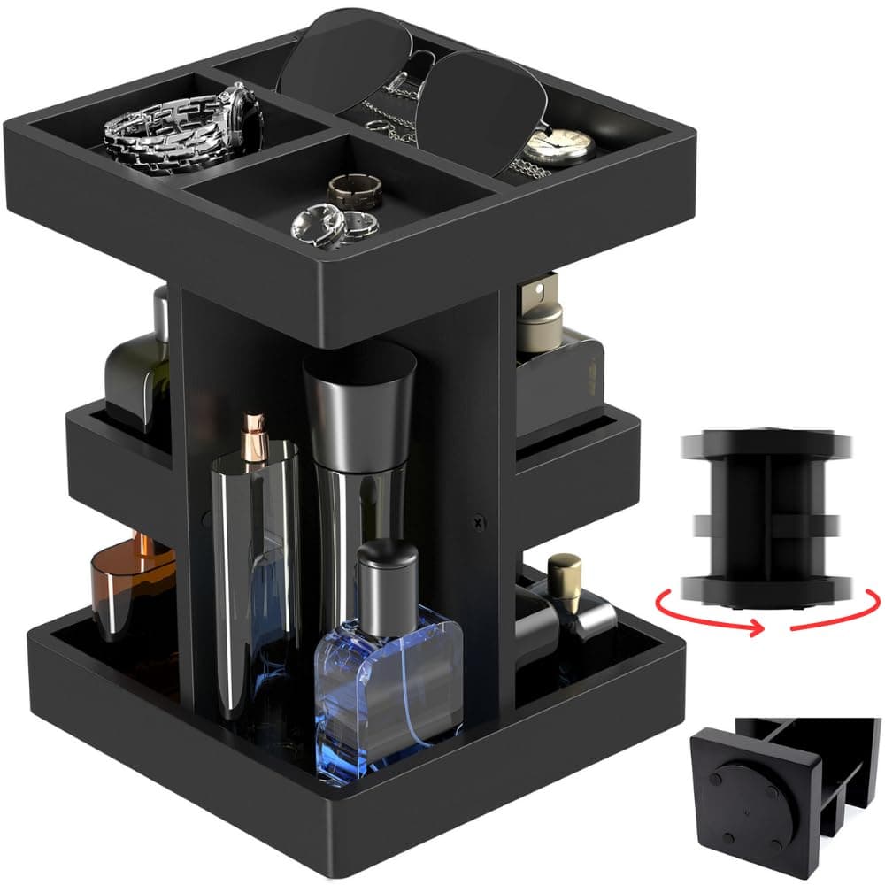 Cologne Organizer for Men, Cologne Stand, 3 Tier Large Capacity Wood Perfume Shelf with Rotate, Desk & Nightstand Organizer, Mens Husband Birthday Gifts Ideas, Christmas Gifts for Men (Black) (Model 1