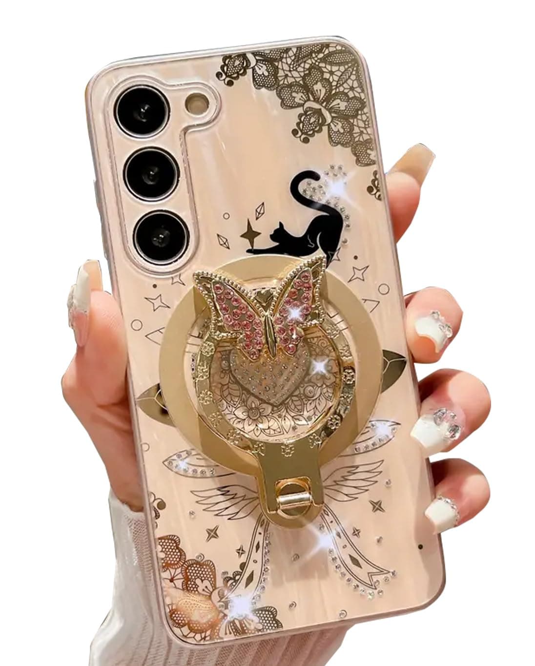 AMAZFCCY Ring Holder Megnetic Case for Galaxy S5 Plus,Cute 3D Rhinestones Bling Sparkle Butterfly Cat Kitten Lace Pattern Compatible with Magsafe Girl Women for Samsung Galaxy S5 Plus (Rose Gold)