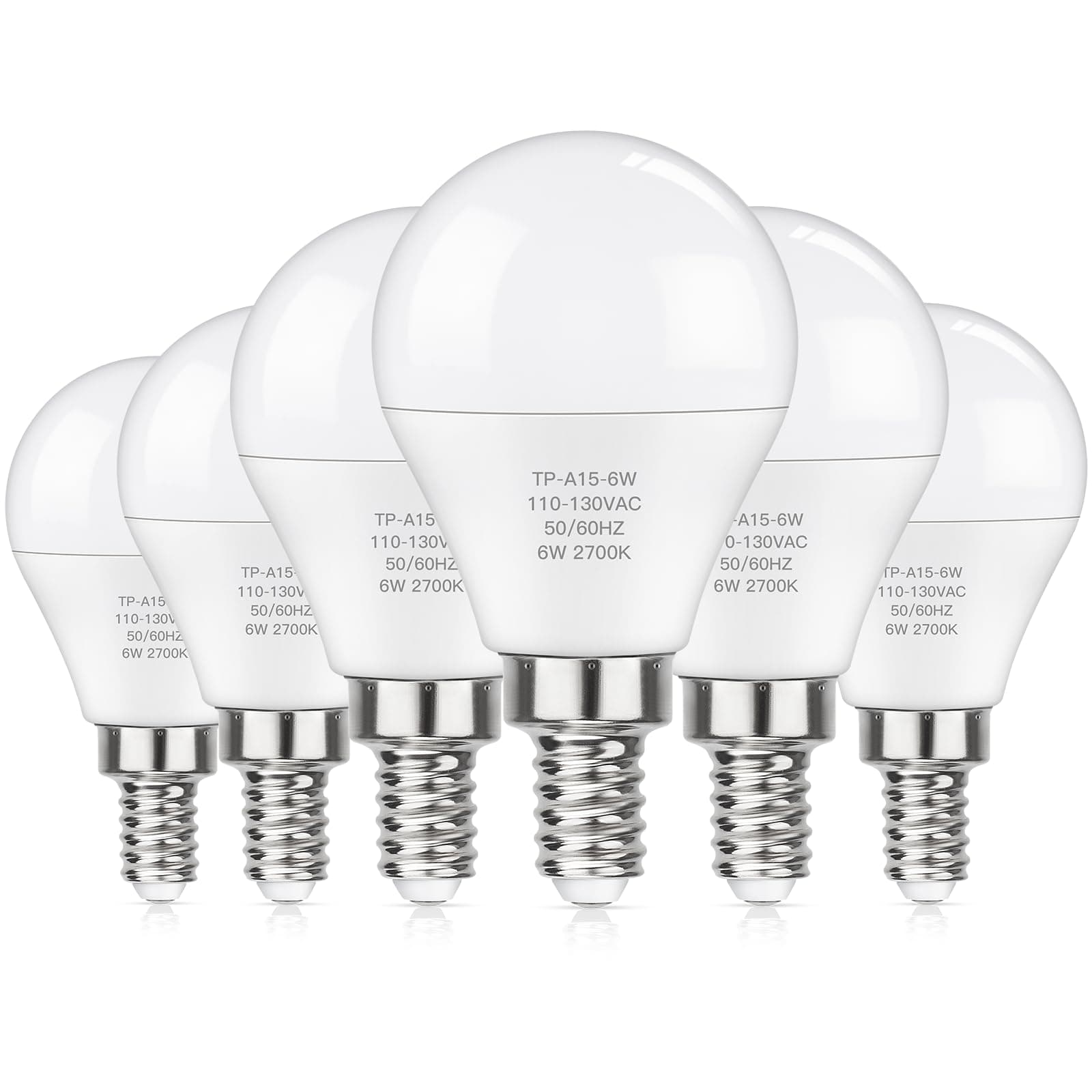 MAXvolador E12 LED 60W Equivalent Warm White 2700K Ceiling Fan Bulbs, 600LM CRI 85+ Small Base Candelabra Bulbs, 6W Non-Dimmable, Pack of 6