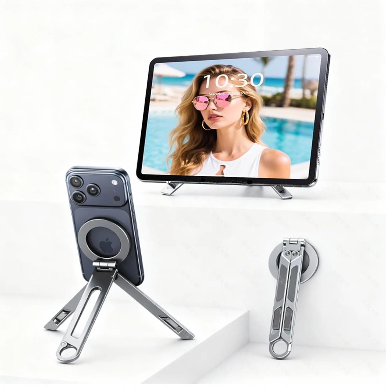 Magnetic Tripod Phone Stand,BONERUY 2 in 1 Foldable Aluminum Alloy Tablet and Phone Stand for Desk, Portable Cellphone Tripod Holder for iPhones and Androids with Metal Ring