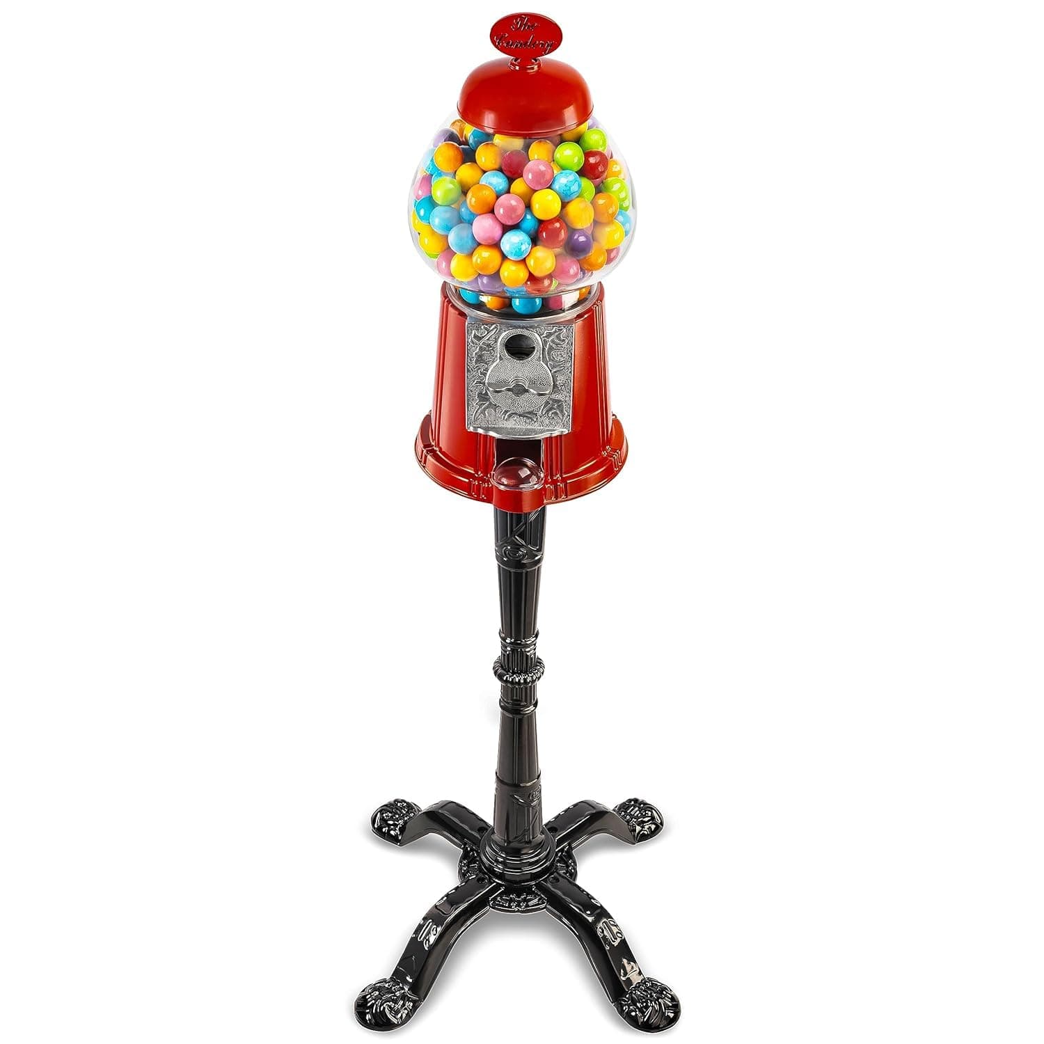 The Candery Gumball Machine - 15 Inch Candy Dispenser with Stand Durable Aluminum Frame- Heavy Duty Red Metal with Large Bowl - Easy Twist-Off Refill - Free or Coin Operated