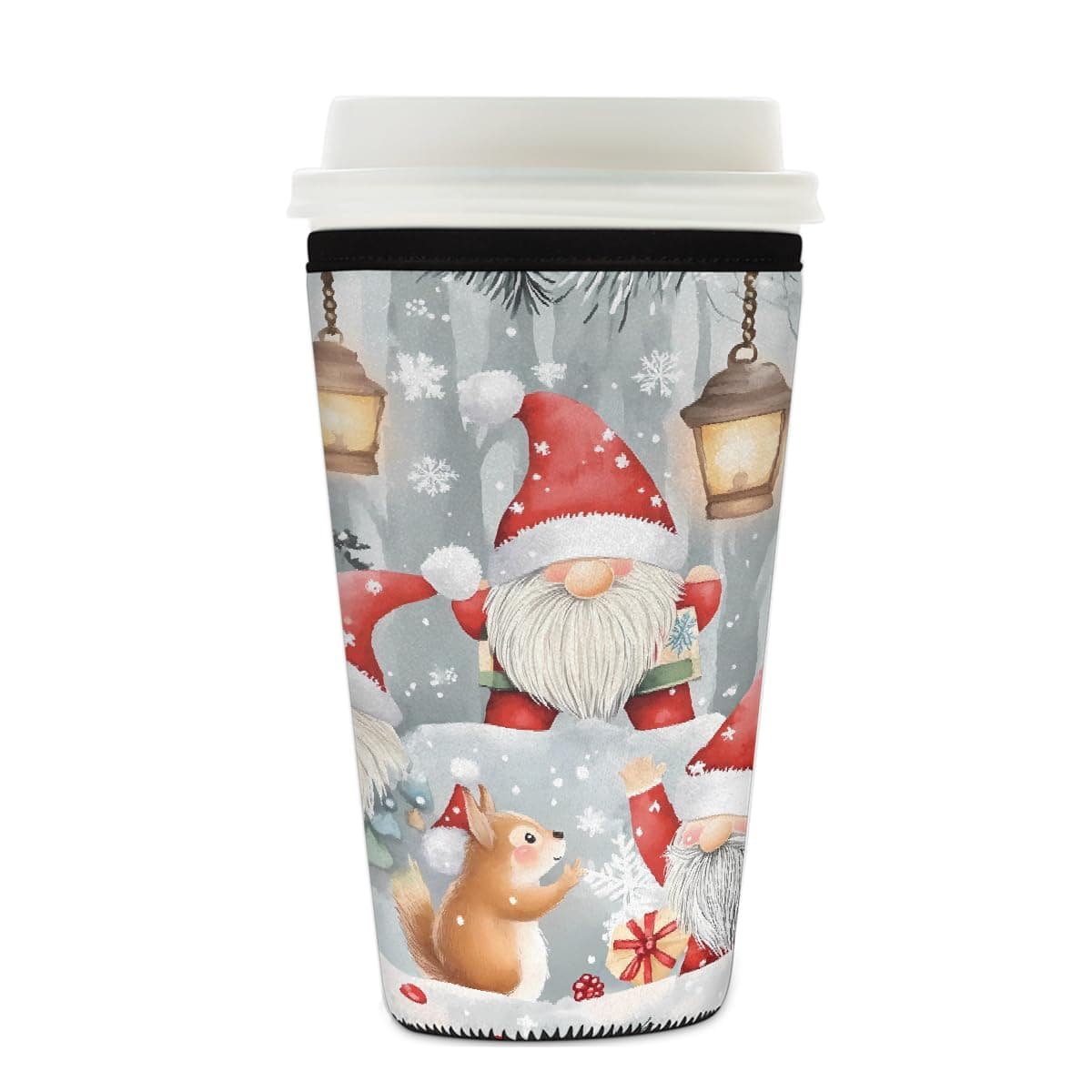 Reusable Iced Coffee Sleeve, Adorable Christmas Gnomes Neoprene Cup Sleeve for Cold Drinks Snow Tree Insulator Beverages Holder for Cold Drink Cups 22oz - 24oz