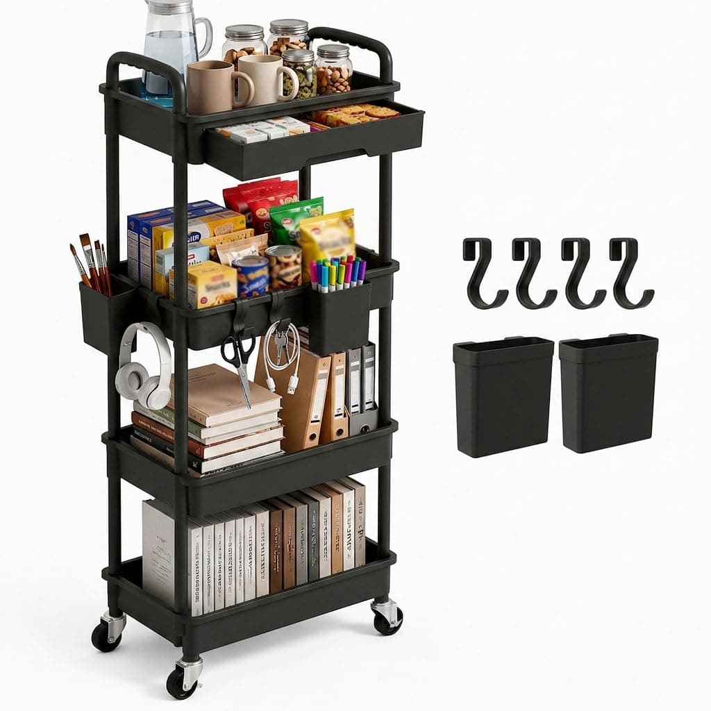 4 Tier Rolling Utility Cart with Drawer, Plastic Storage Organizer Rolling Carts with Wheels Handles Hanging Cups Hooks for Office, Bathroom, Kitchen,Craft Art Room (Black)