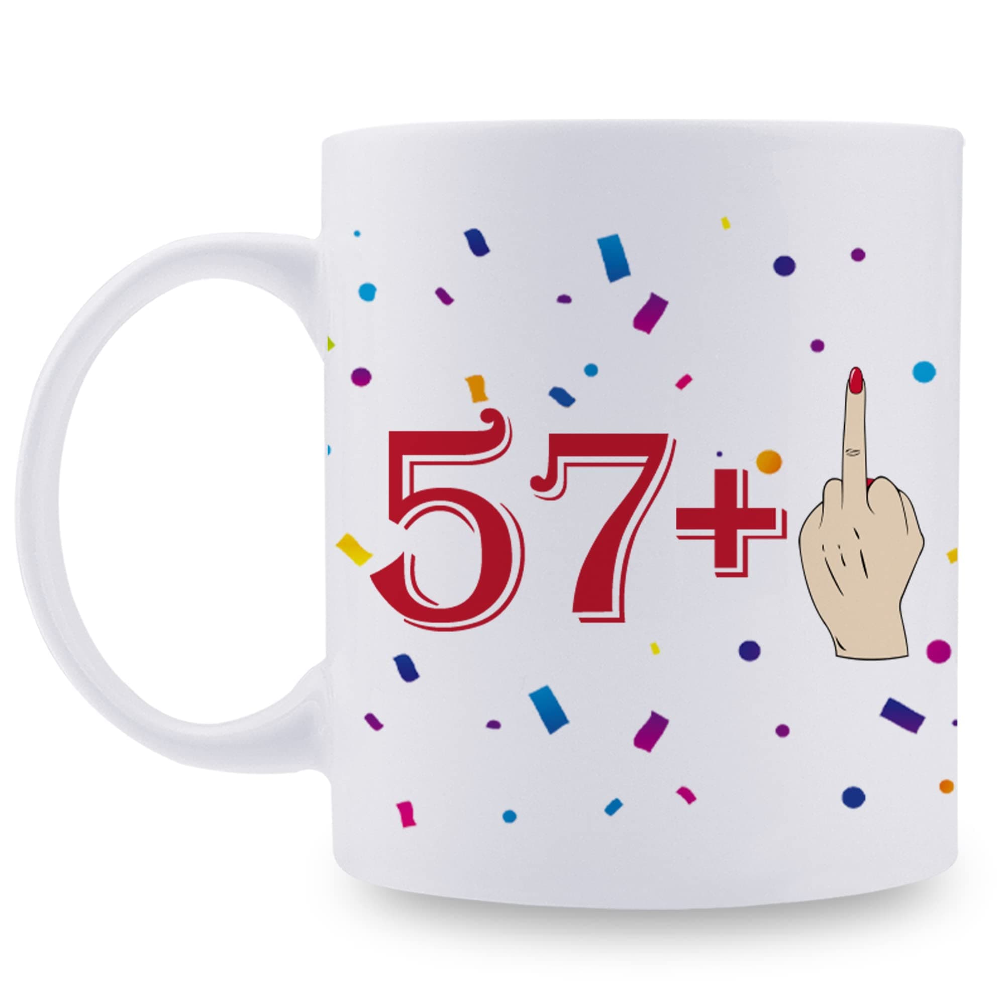 aiyaya Funny 58th Birthday Gifts for Women, Mom, Sister, Wife, Aunt, Cousin, Friend, Coworker - 57 Plus 1 Middle Finger 58th Birthday Mug - 11 oz Coffee Mug Tea Cup (58th Birthday Gift)
