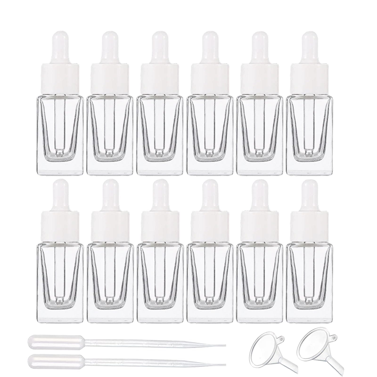 ZSAEYPHE 12 Pack Clear Square Glass Dropper Bottle 10ml Glass Essential Oil Bottles Refillable Vial Container for Perfume Travel (Clear-White Lid)