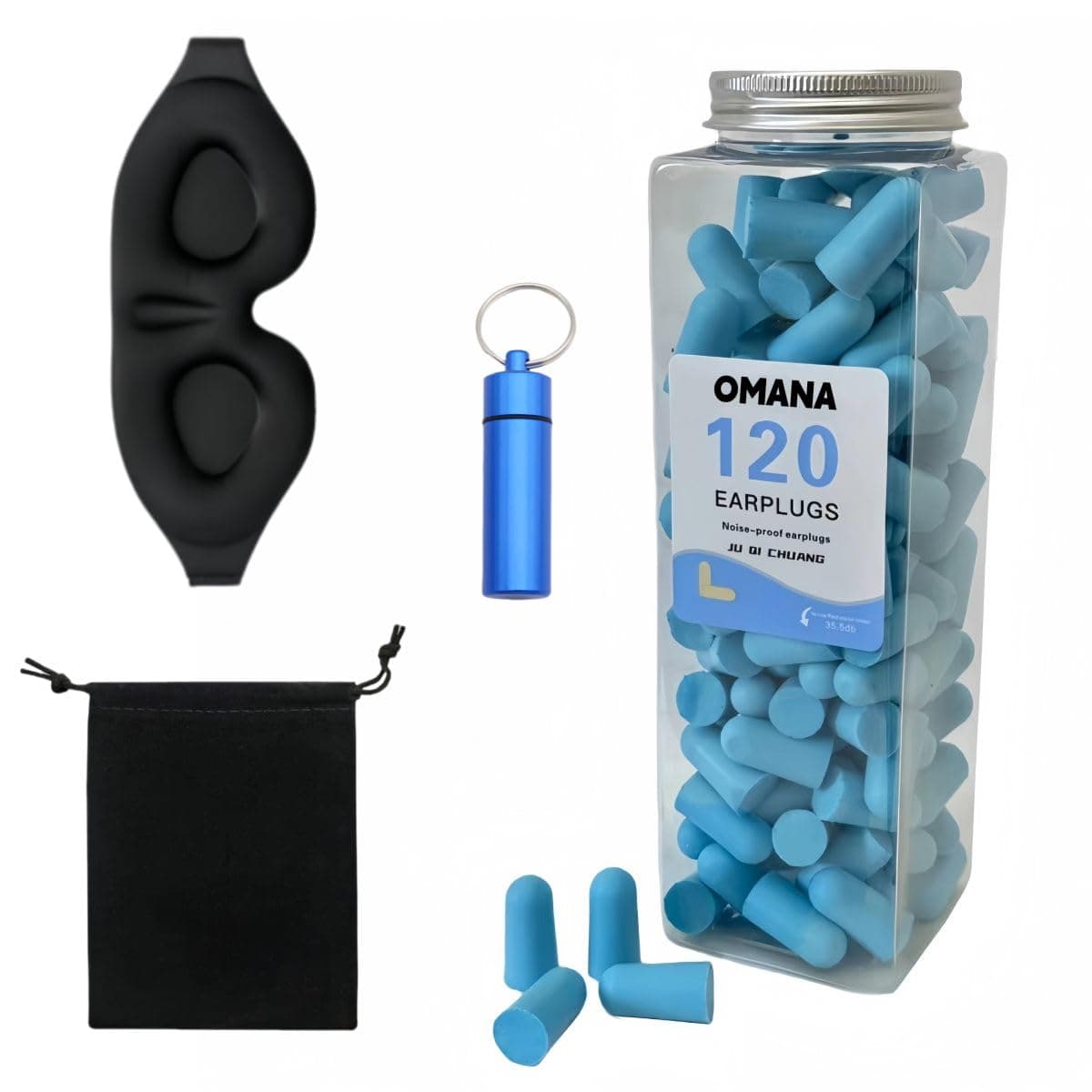 Omana Sleep Bundle: Eye Mask with 120 Earplugs, Portable Airtight Metal Pill-Shaped Case & Storage Bag – Essential Travel Accessories for Men & Women