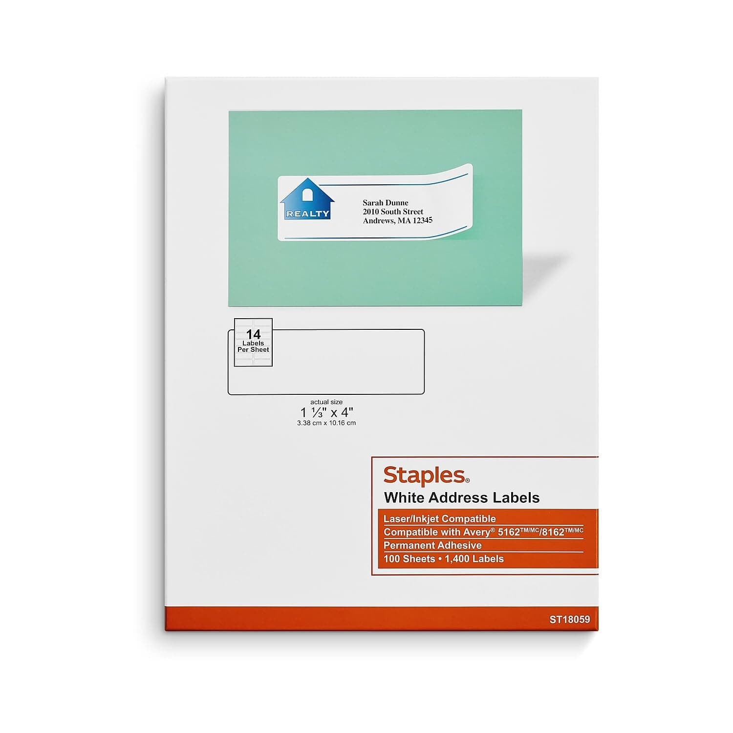 Staples Laser/Inkjet Address Labels, 1‑1/3" x 4", White, Easy‑Peel, Jam‑Free Printable Mailing Labels, 14/Sheet, 2,800 Labels/Carton