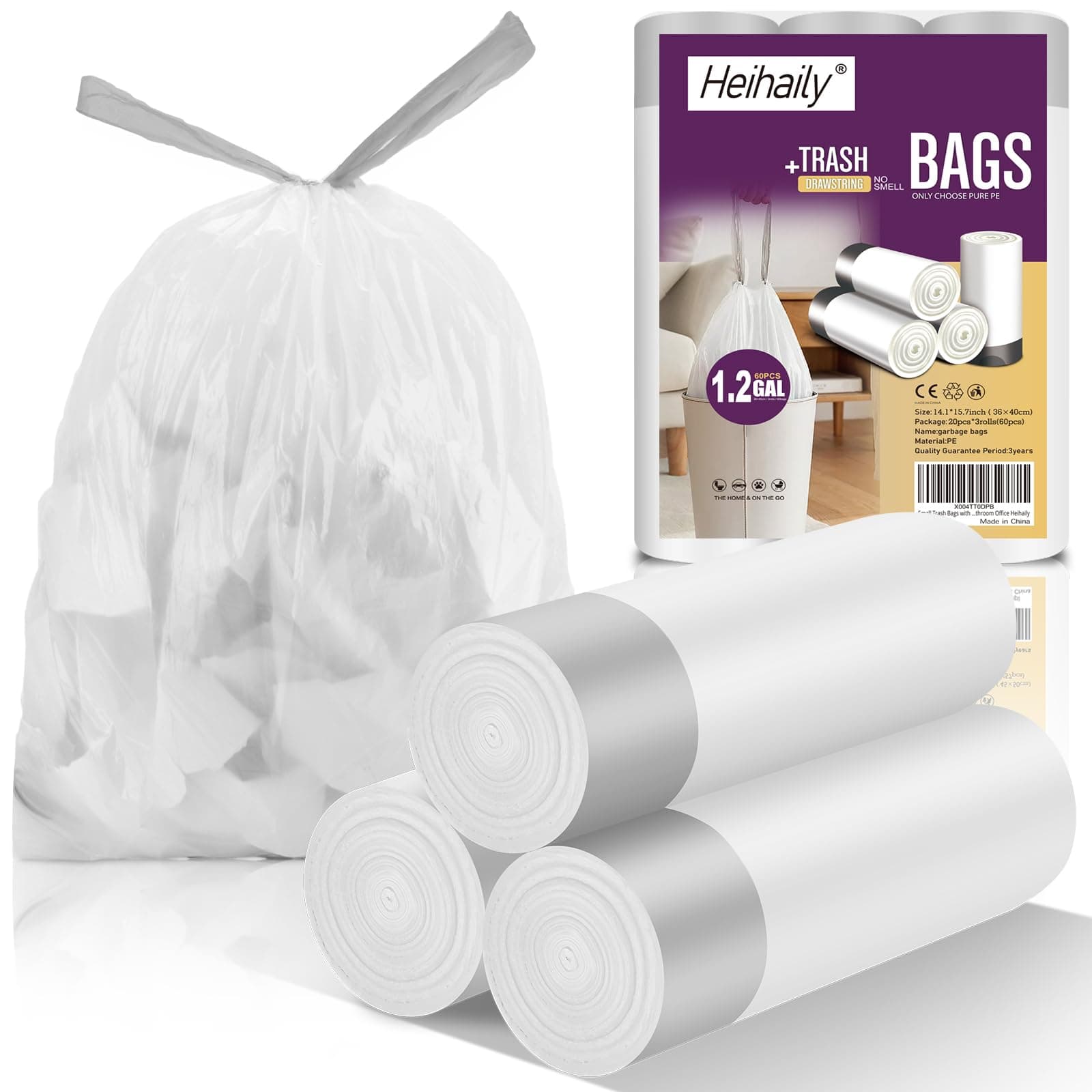 Small Trash Bags with Drawstrings - 60 Counts 1.2 Gallon Garbage Bags Unscented Clear White Bulk Strong Thick Mini Plastic Wastebasket Liners for Toilet Home Bathroom Office Heihaily