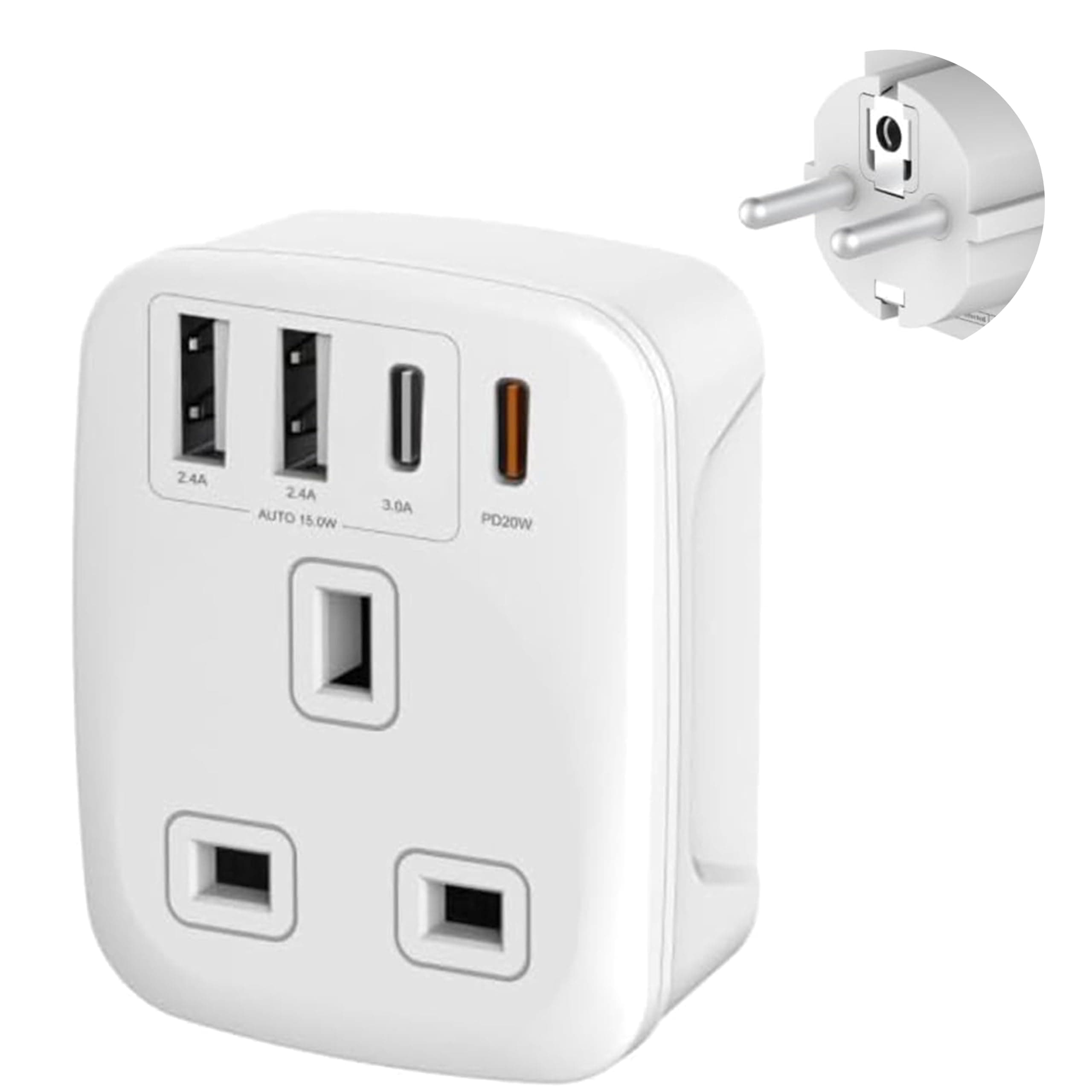 Double Dragon 20W Fast Charging 5-in-1 UK to EU Travel Adapter | 2 USB-A & 2 USB-C Ports | Converts UK 3 PIN Plug to European 2 PIN Plug in Spain, France, Portugal, Germany, Greece, Italy, Sweden, etc
