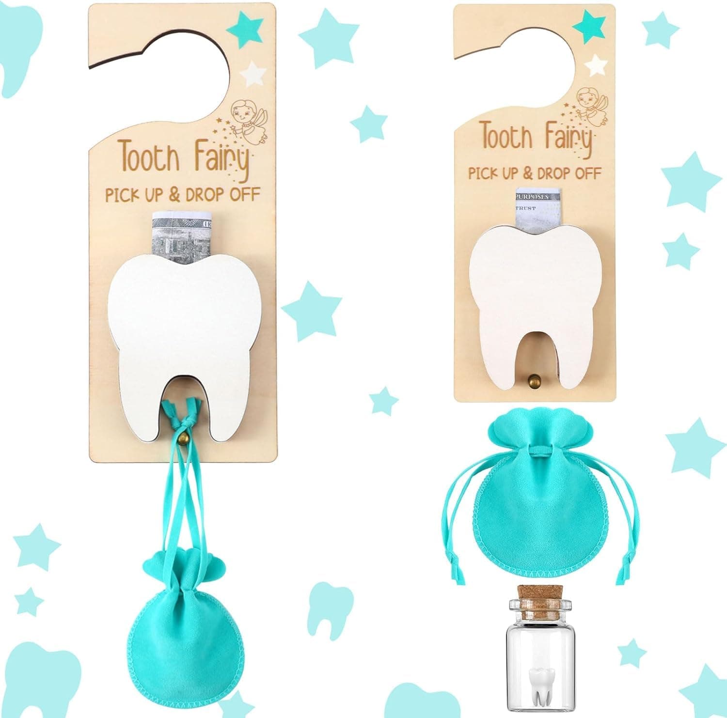FLHRSM Tooth Fairy Door Hanger 3 Pcs, Tooth Fairy Teeth Holder, Tooth Fairy Gifts for Girls Boys, First Milk Teeth Loss Gift Box, Encourage Present Keepsake Tins for Kids Teen
