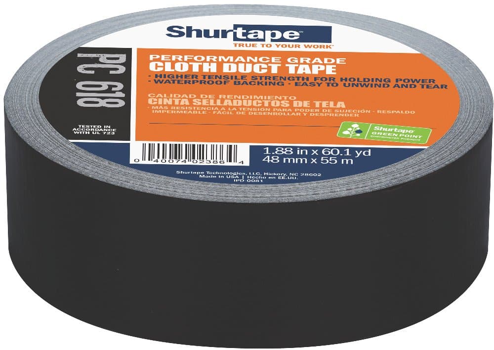 Shurtape PC 618 Performance Grade, Colored Cloth Duct Tape, 48mm x 55m, Black, 1 Roll (203674)