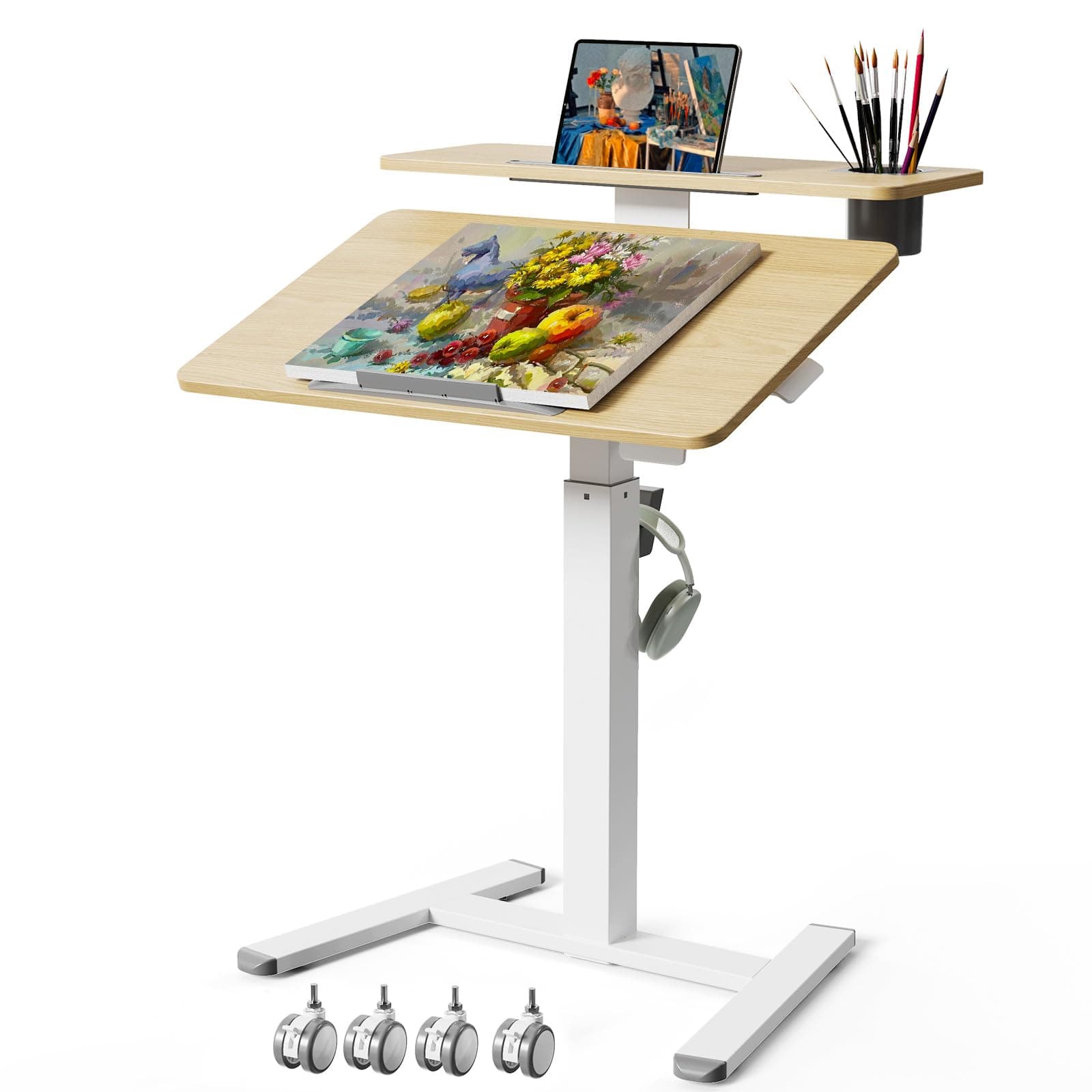 Liftsync 28" Mobile Standing Desk, Tiltable Top with 2-Tier Shelves, Maple