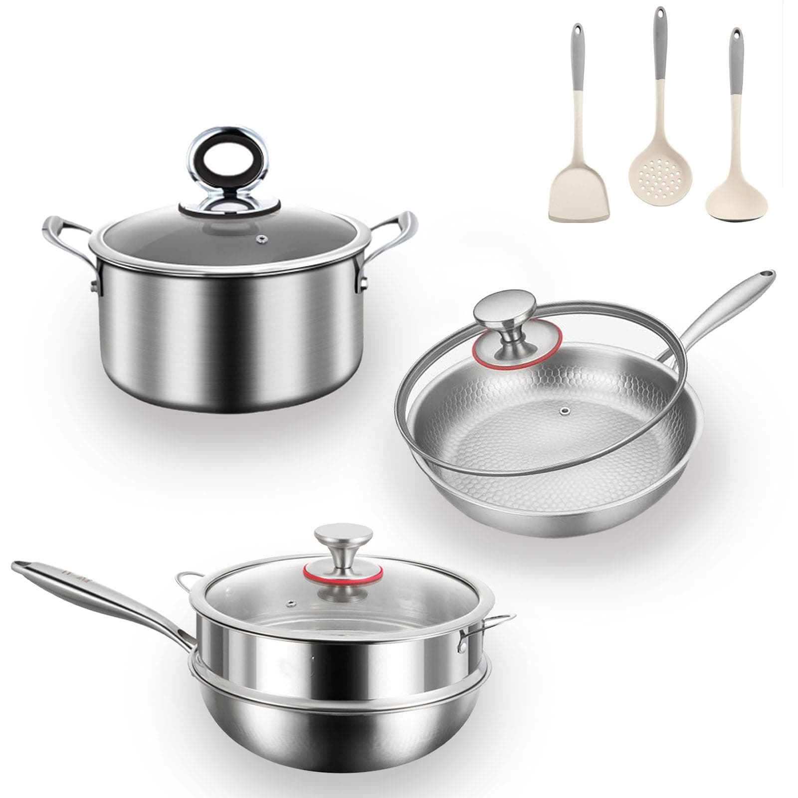 Titanium Pans set for Cooking, Titanium Frying Pan & Titanium Soup Pot And Titanium Wok with Steamer, Non-Toxic Titanium Hammered Pro skillet, PFAS/PFOA/PTFE Free Cookware, Dishwasher&Oven Safe