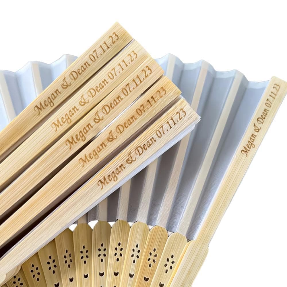 LeDly Personalized Wedding Fans for Guests (3Pcs)- Custom Engraved White Imitated Silk Fan for Wedding, Hand Folding Fans for Party Guests Favor, Bridal Shower Baby Shower Birthday Party Gifts