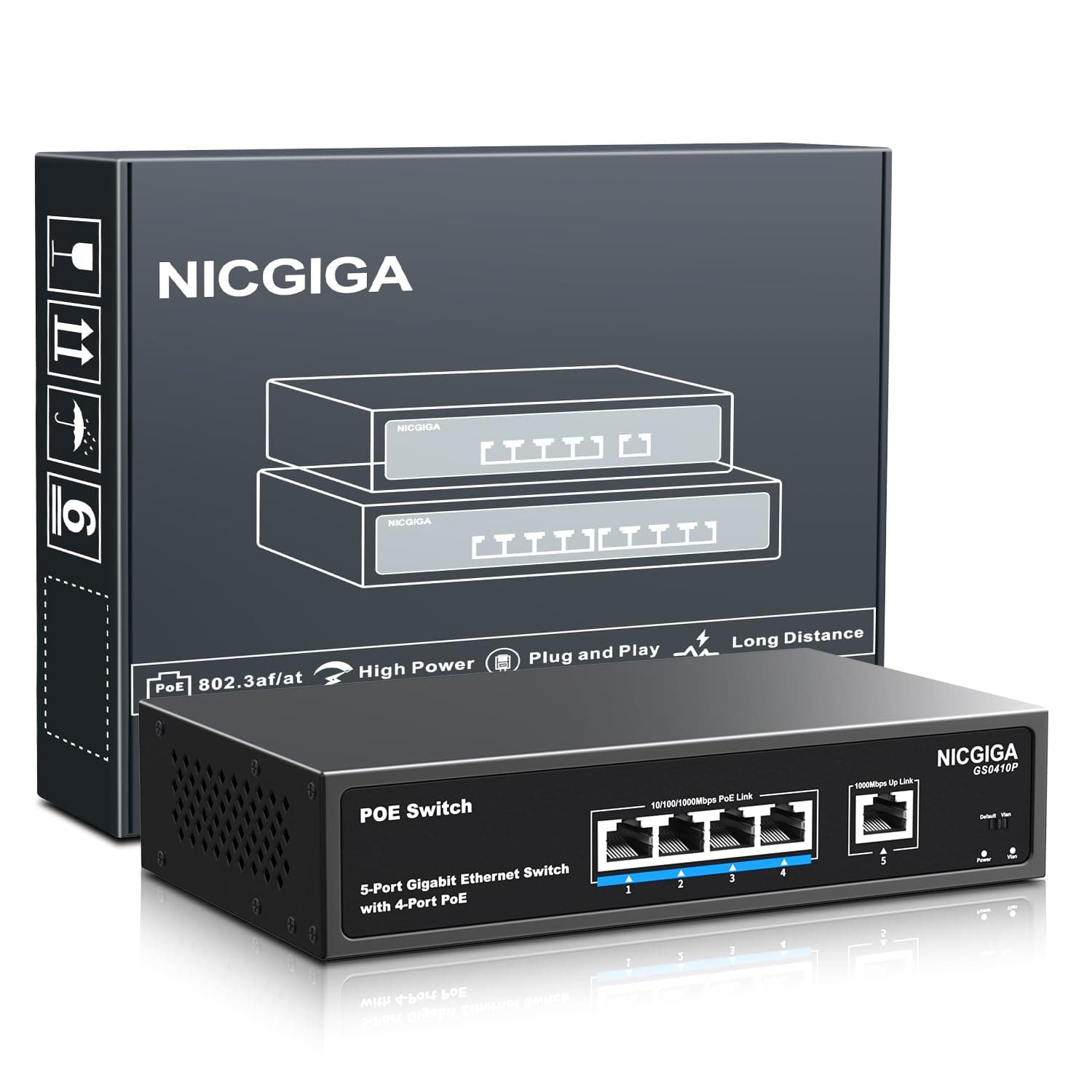 NICGIGA 5 Port Gigabit PoE+ Switch with 4x IEEE802.3af/at PoE @78W, 1x 1000Mbps Uplink, VLAN Mode, Desktop/Wall-Mount, Metal Case
