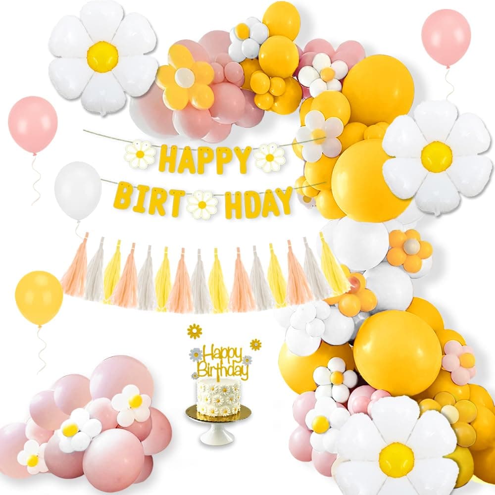 Daisy Birthday Party Decorations, 85PCS Pink Yellow White Balloon Garland Arch Kit with Daisy Flower Balloons, Happy Birthday Banner Tassels Groovy Cake Topper for Baby Shower Spring Theme Party