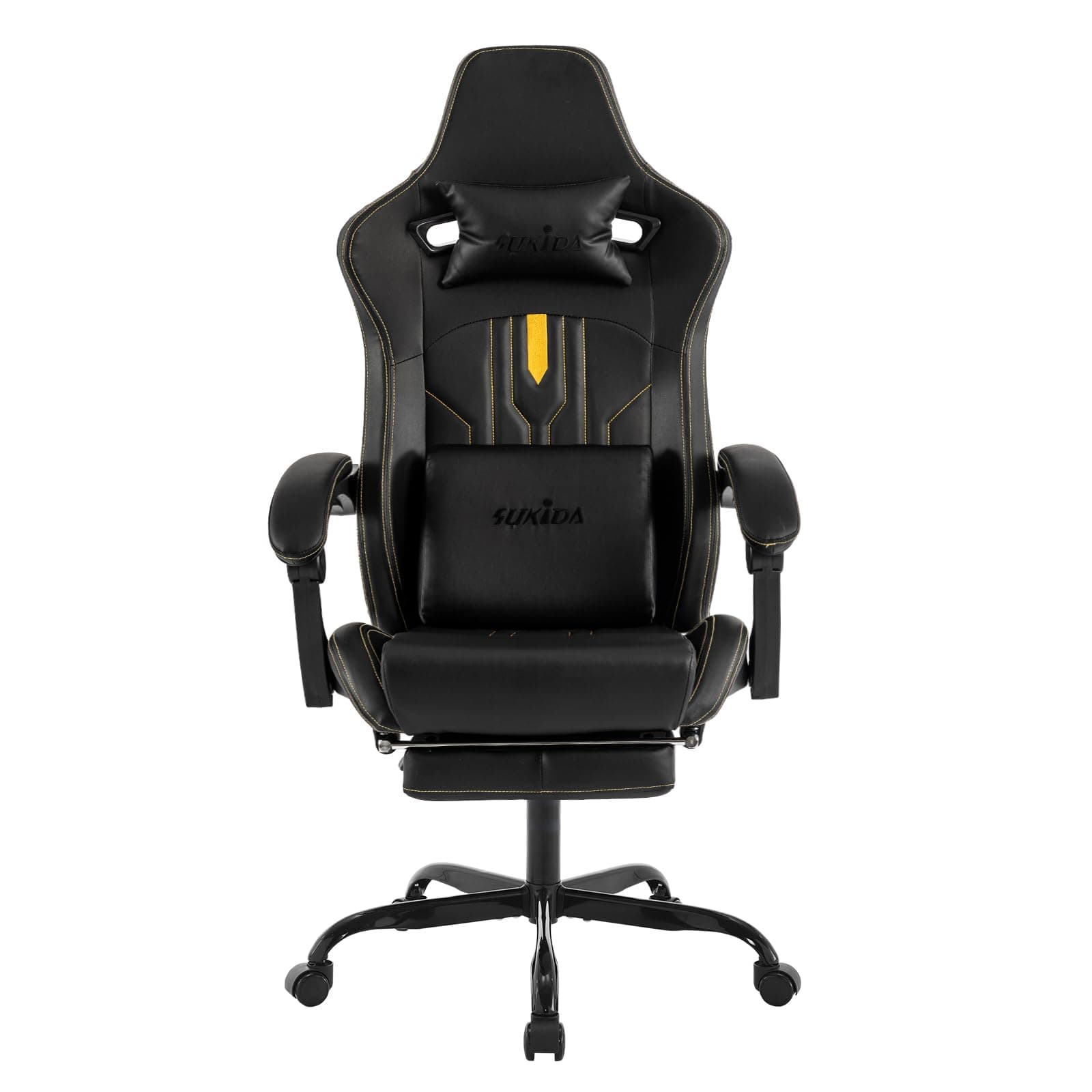 Gaming Chair with Footrest Ergonomic Computer Chair Massage Lumbar Cushion, Racing Video Game Chair Adjustable Rocker Recliner Executive Office Desk Chair Pu Leather for Adults, Black