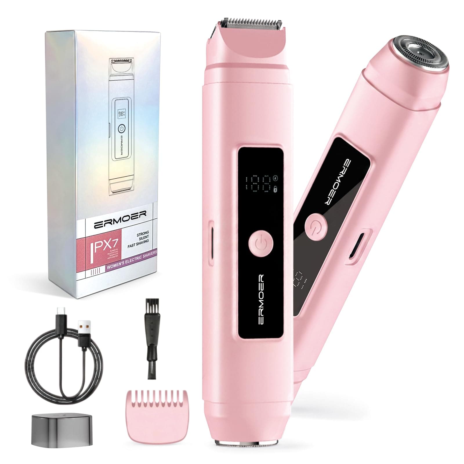 Dermave Bikini Shaver, 2‑in‑1 Bikini Trimmer Women, Painless Electric Razor for Women, IPX7 Waterproof Wet & Dry, USB Rechargeable with Battery Display, Portable Travel for Body Bikini Line Legs Underarms, Pink