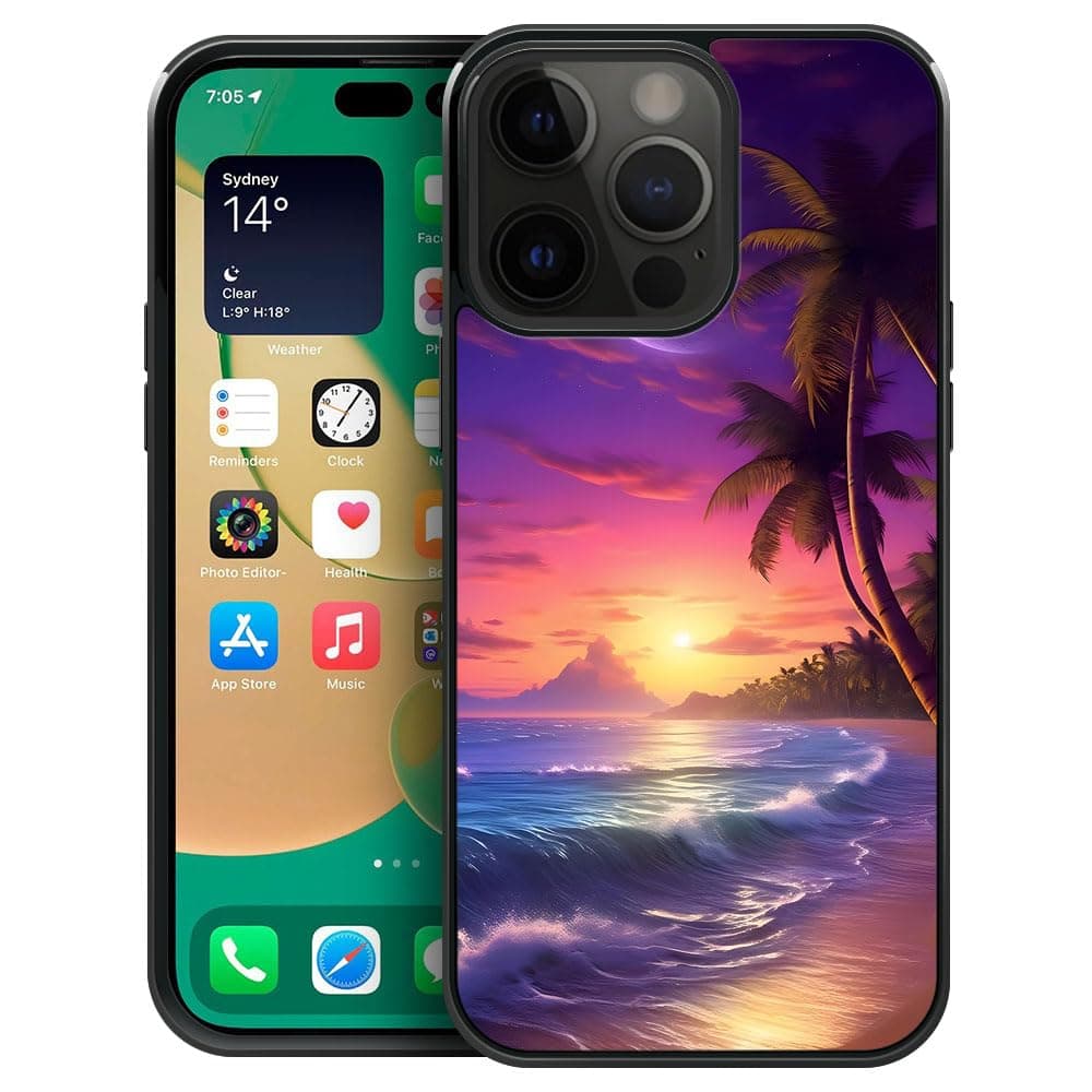 ZHEGAILIAN Compatible with iPhone 14 Pro Case,Pattern Design Hard PC Back Cover Non-Slip Soft TPU Protective Case for iPhone 14 Pro for Women 6.1inch-Beach Palm Leaf Vacation