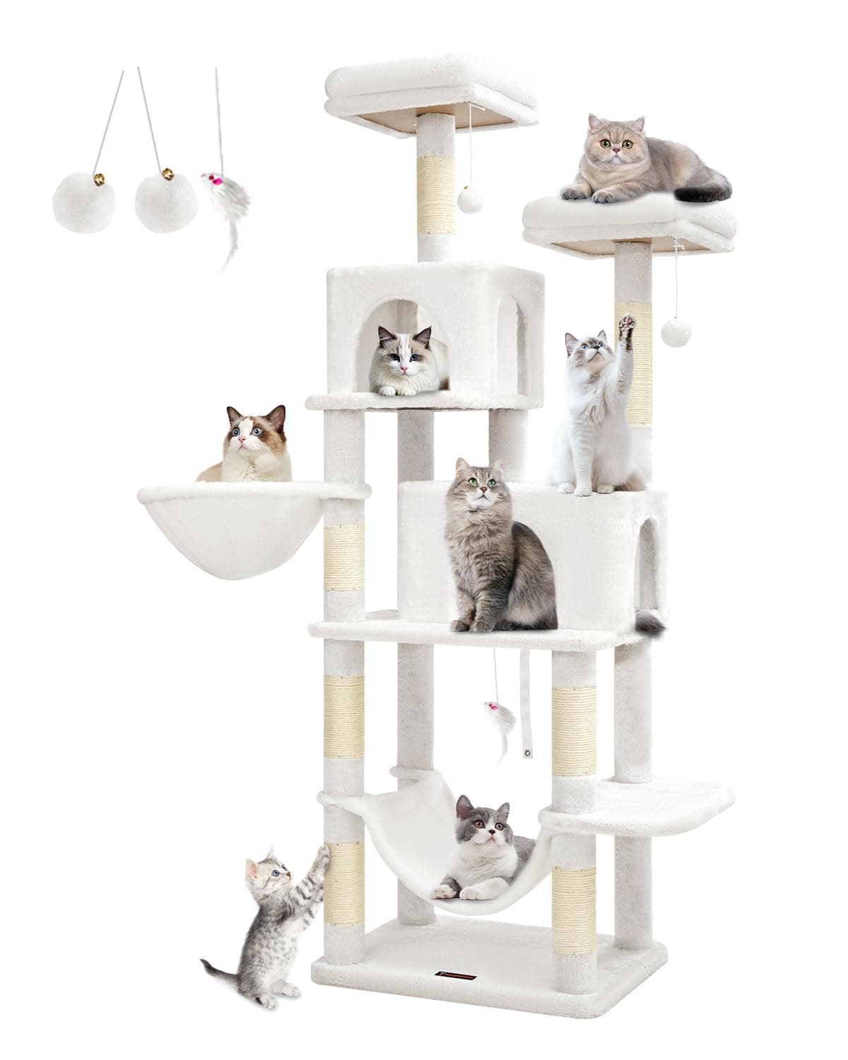 Taoqimiao Cat Tree, 67-Inch Cat Tower for Indoor Cats, Plush Multi-Level Cat Condo with 12 Scratching Posts, 2 Perches, 2 Caves, Hammock, 2 Pompoms, Cream White MS013C