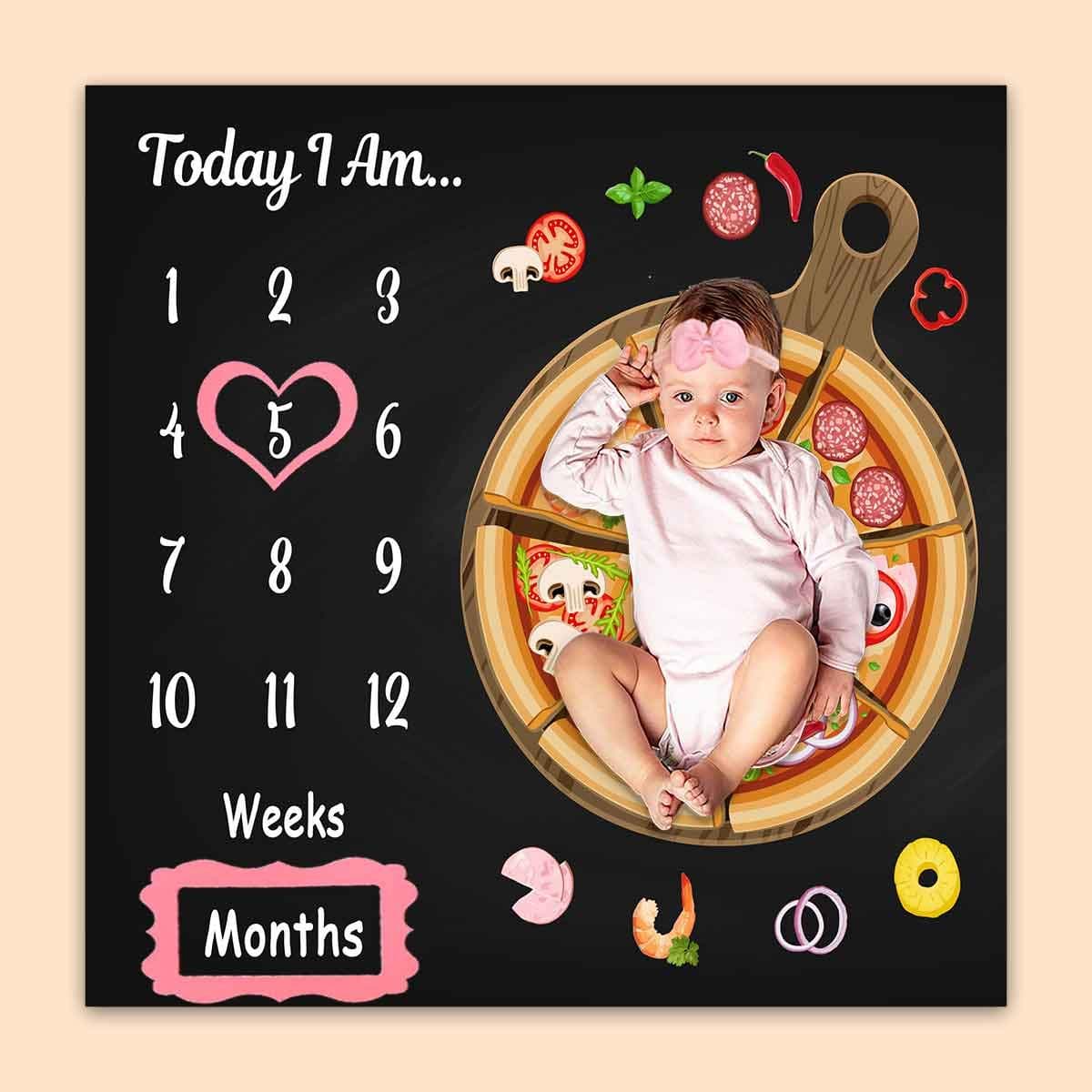 PHMOJEN Funny Baby Monthly Milestone Blanket, Delicious Pizza Age Blanket for Nursery, Unisex for Newborn 1-12 Months, Includes 4 Frame and 1 Headband 47"x47" BTLSPH447