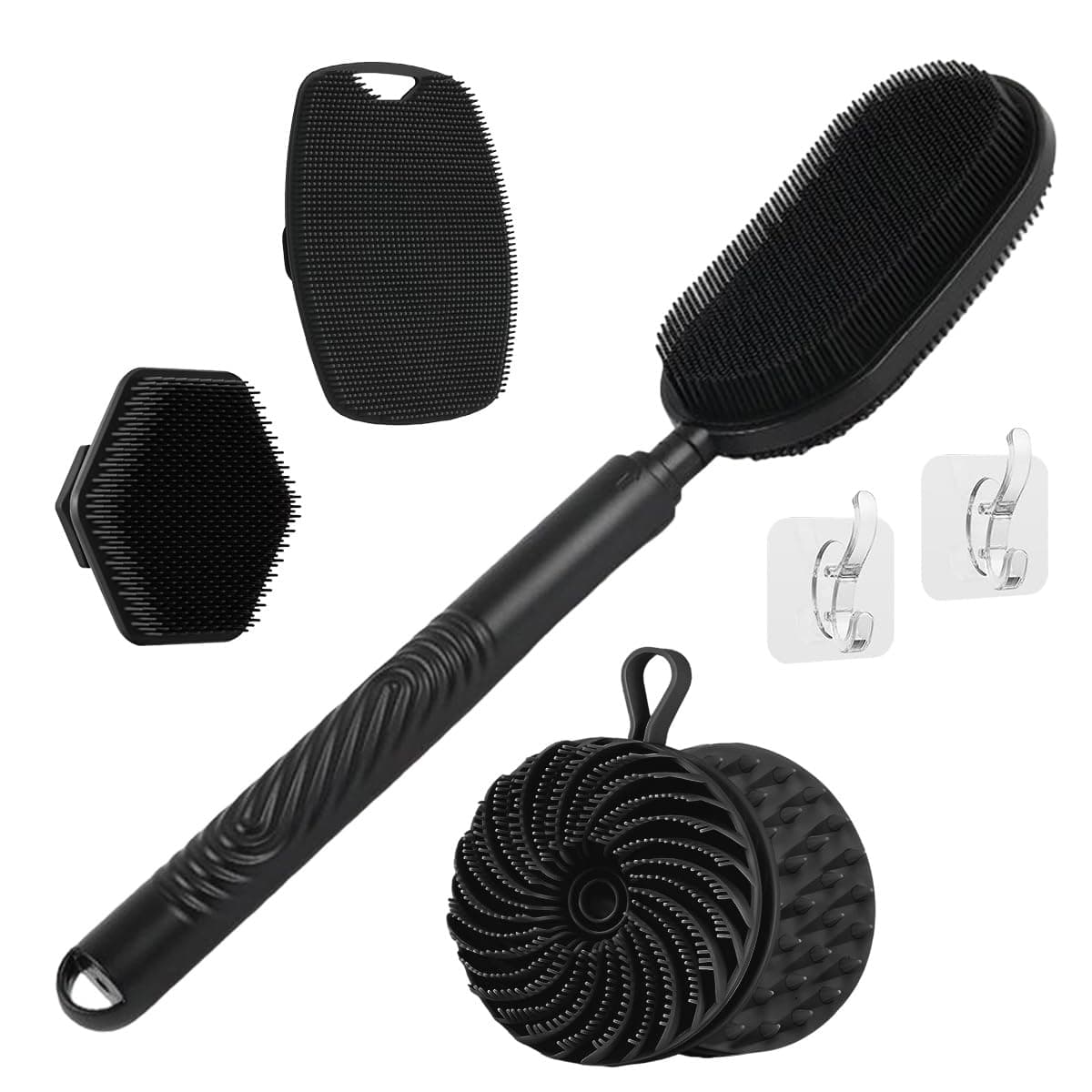Silicone Back Scrubber(3-Stage Length 14.6"-21.3"-27.6")& Silicone Body Scrubber(Dual-Side) & Hair Scalp Massager & Face Brush Set (4PCS), with 2 Free Hooks (Extendable Back Brush Set)