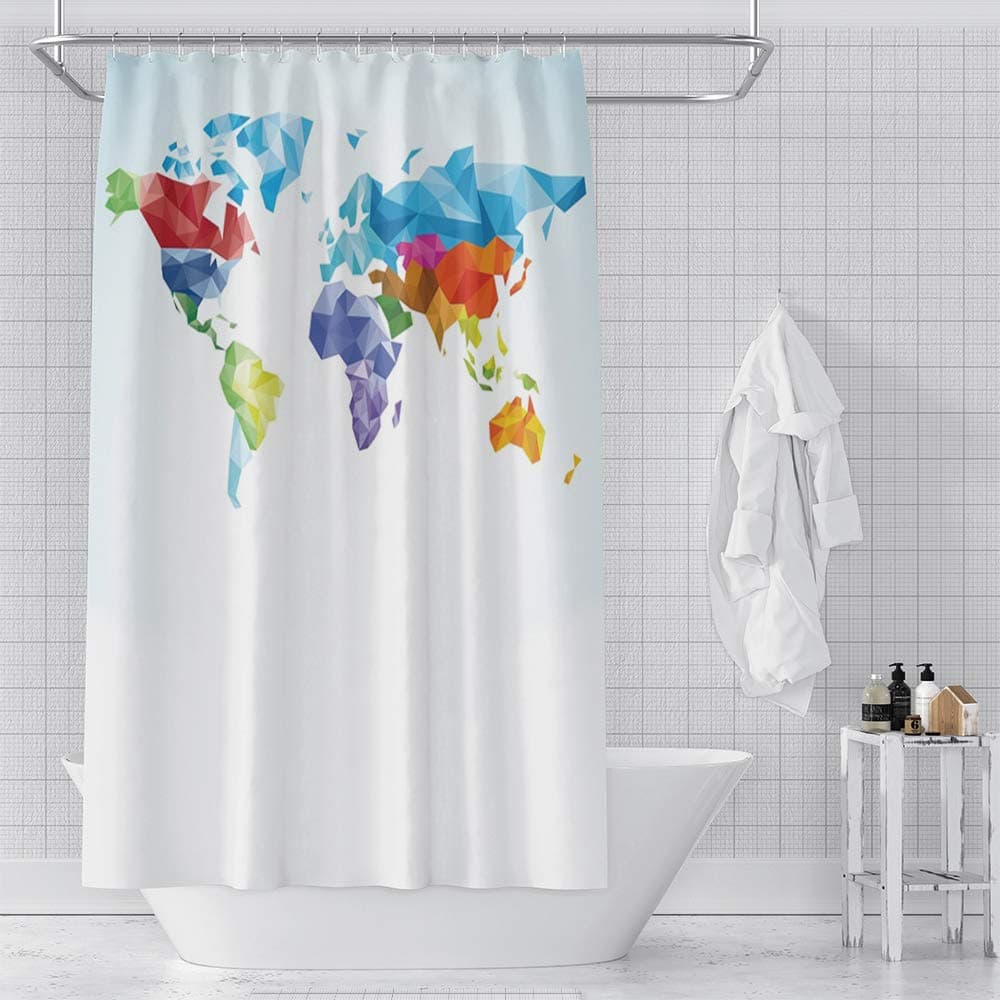OERJU Watercolor Shower Curtain World Map with Countries on White Background Red Purple Blue Bath Curtain Waterproof Polyester Fabric Bathroom Decor Set with Hooks 72x72inch
