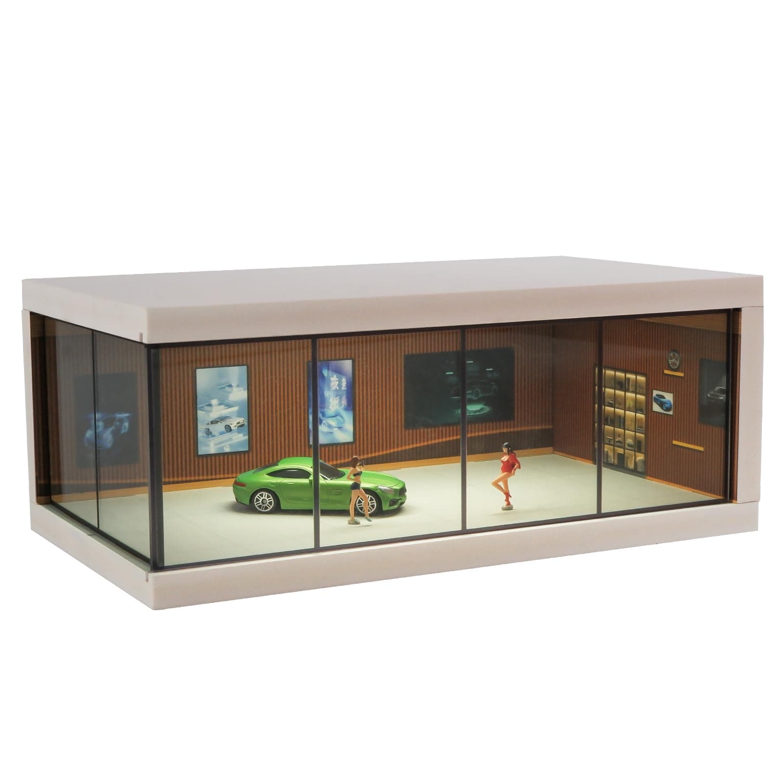 kivcmds Display Case for Hot Wheels,1:64 Scale Diecast Cars Showcase Box with LED Light and Acrylic Cover,Matchbox Toys Car Storage Showroom Scene Diorama Garage Parking lot,Brown