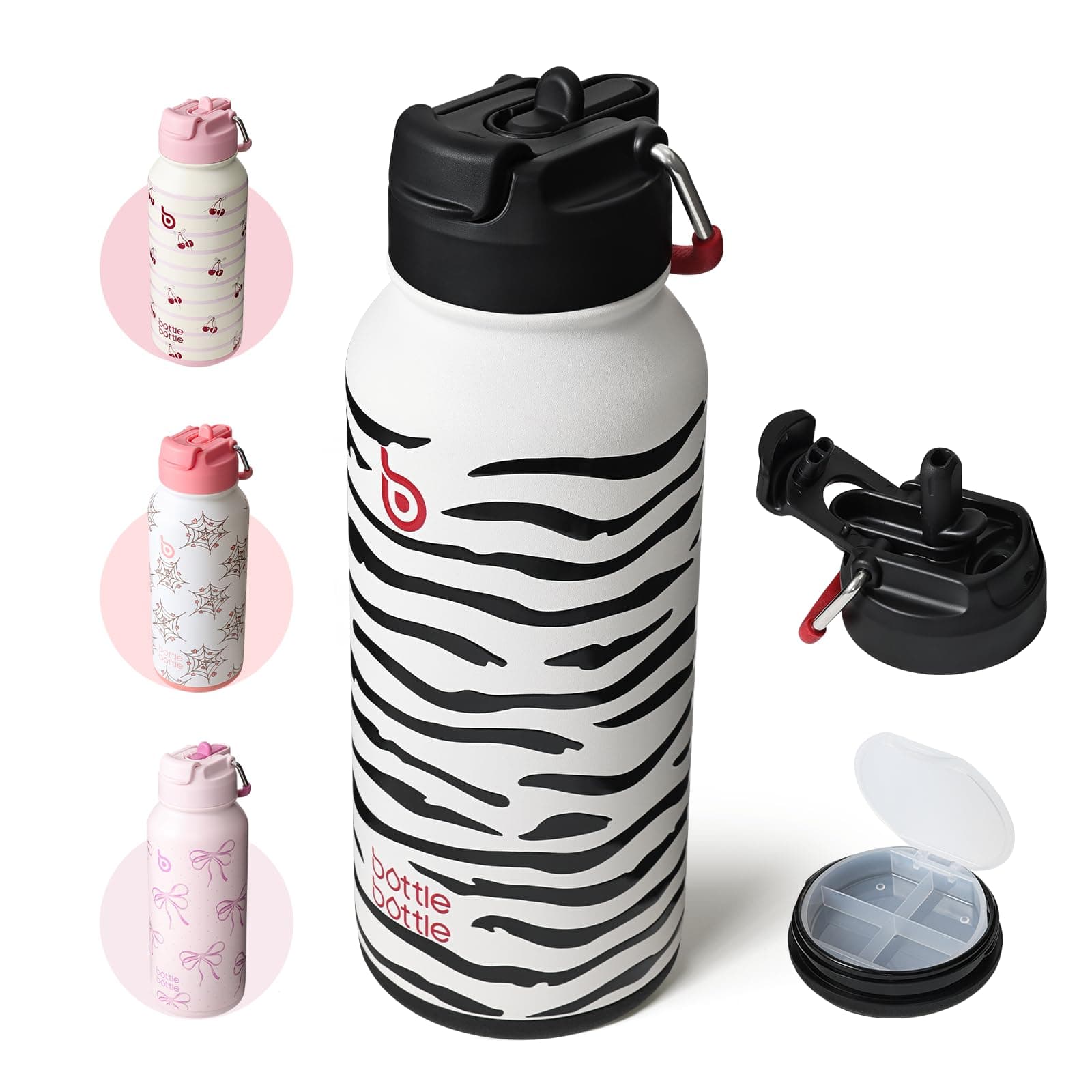 BOTTLE BOTTLE 32oz Insulated Water Bottle, Stainless Steel Sports Bottle with Straw, Dual Use Lid Design, Gym with Pill Box (Zebra Print)