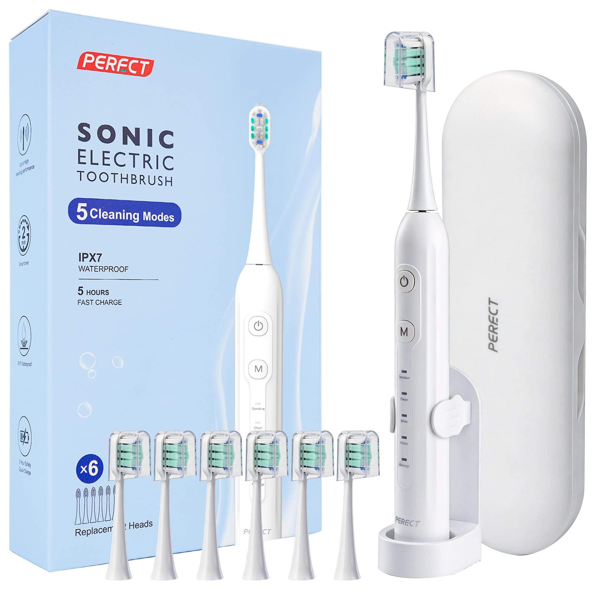 PERECT Sonic Electric Toothbrush for Adults, Rechargeable, 5 Modes, 6 Heads