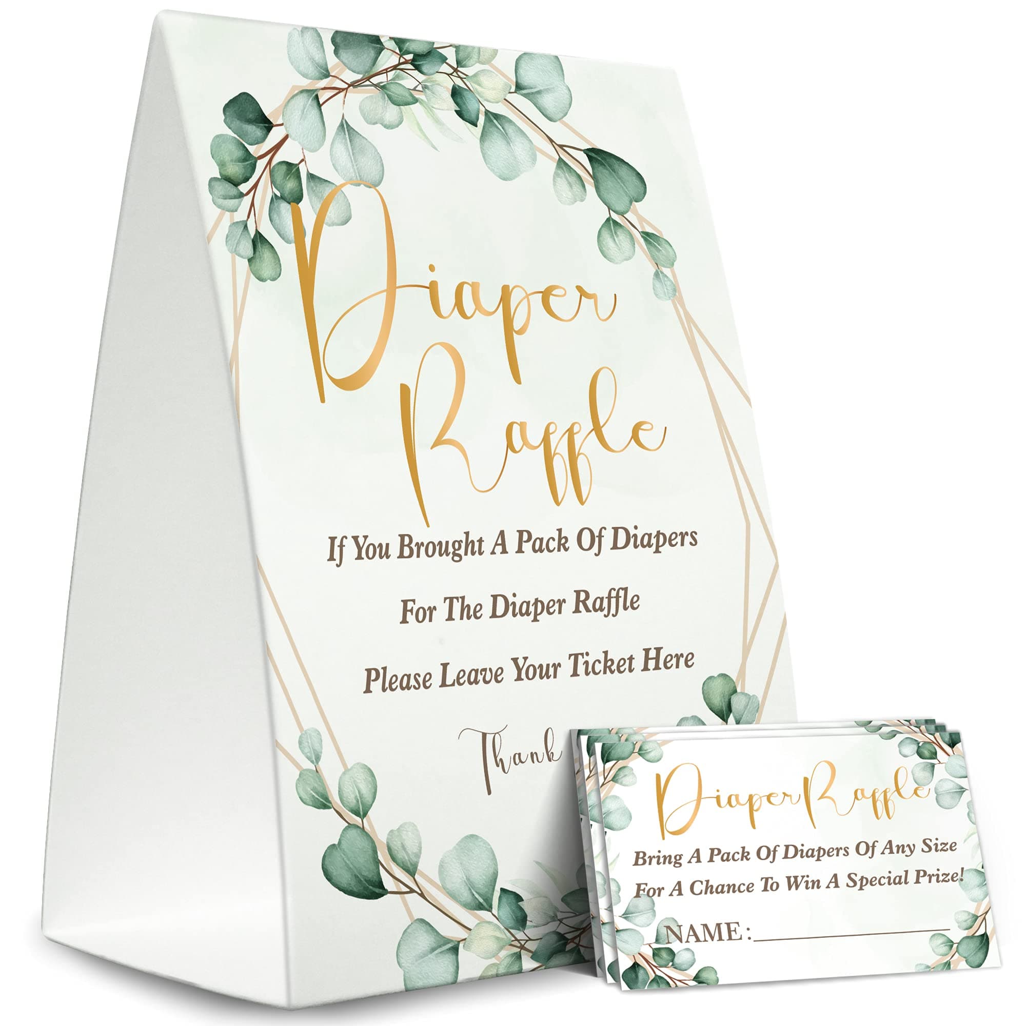 Diaper Raffle Sign,Diaper Raffle Baby Shower Game Kit (1 Standing Sign + 50 Guessing Cards),Greenery Insert Ticket,Baby Showers Decorations,Card for Baby Shower Game to Bring a Pack of Diapers-XN31