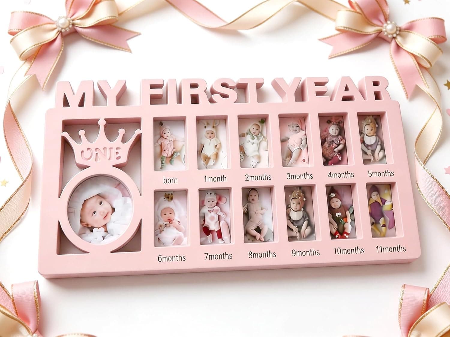 Elfzone My First Year Picture Frame - Baby First Year Photo Frame for Baby 12 Month Picture Frame and Growth Record, Pink