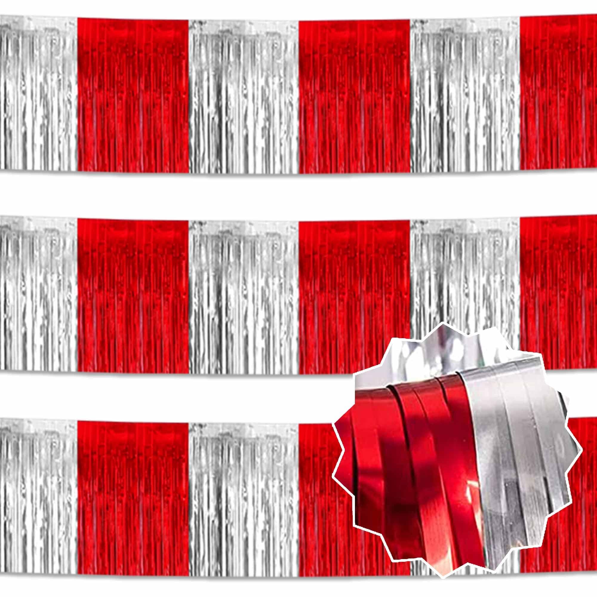3 Pack 10 Feet Red and Silver Tinsel Foil Fringe Garland, Metallic Streamers Banner Wall Hanging Garland for Parade Floats, Graduation, Birthday, Baby Shower, Disco, Celebration Party Decoration