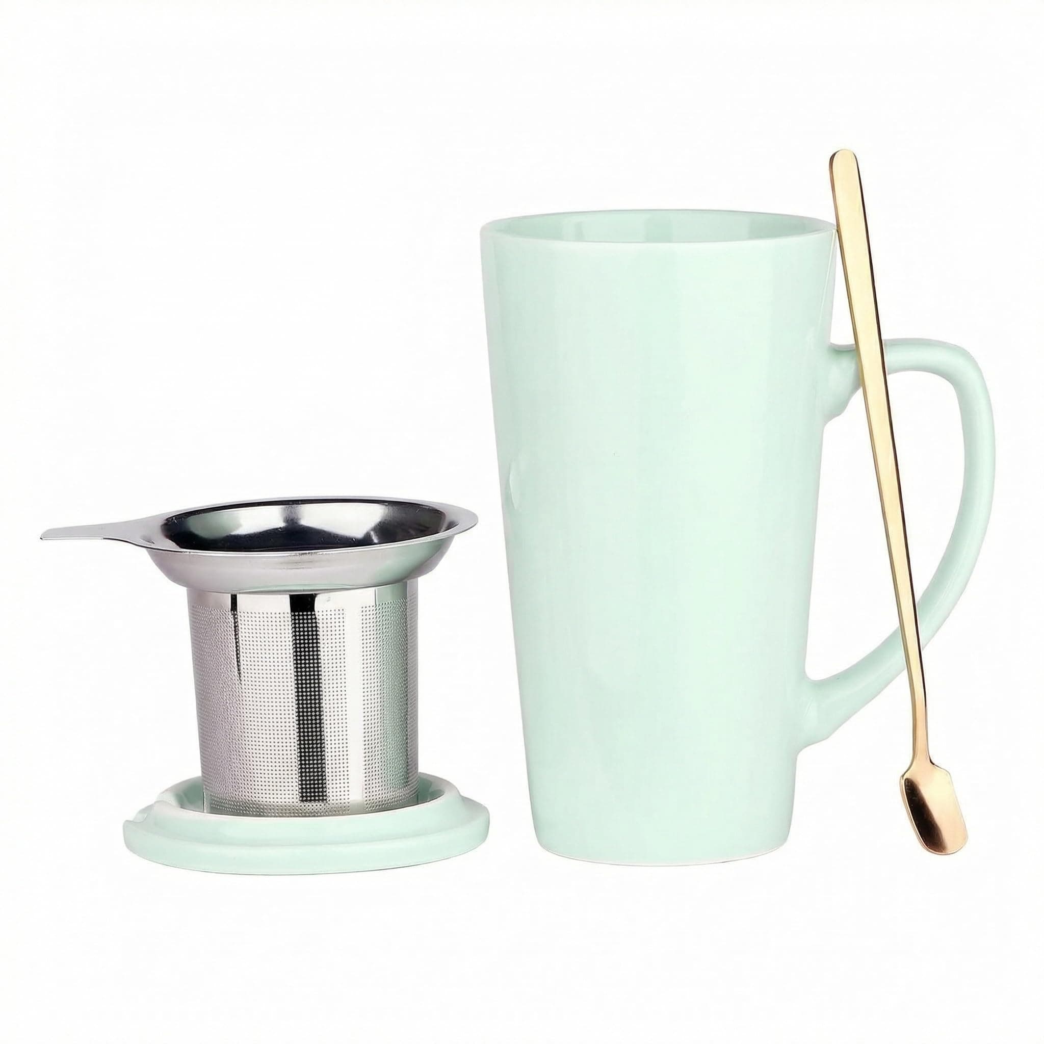 MIWARE 15 Ounce Porcelain Tea Mug with Infuser, Lid and Spoon, Loose Leaf Tea Cup, Mint Green