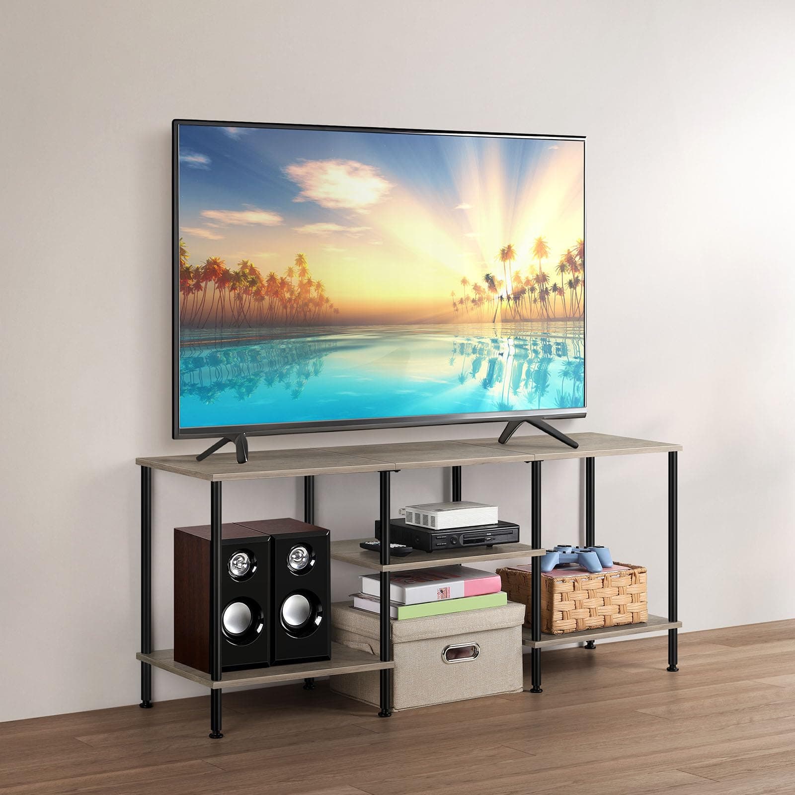 BTY 3 Tier TV Stand for Living Room Industrial TV Console Table with Storage 50 Inch Small Wood Entertainment Stand with Open Storage Shelves for Bedroom, Small Space, Grey