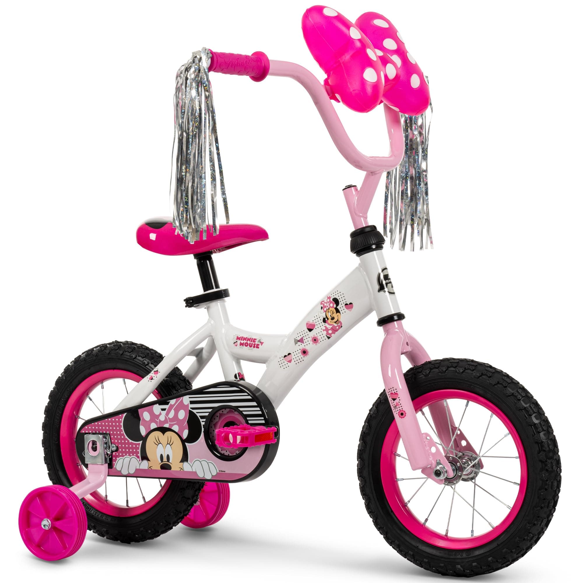 Huffy Disney Minnie 12" Sparkly Snow Girls' Bike, Ideal for Ages 3-5 Years Old, Removable Training Wheels, Playful Design, Sturdy and Durable, Bow Case, Shimmering Streamers, Adjustable Comfort